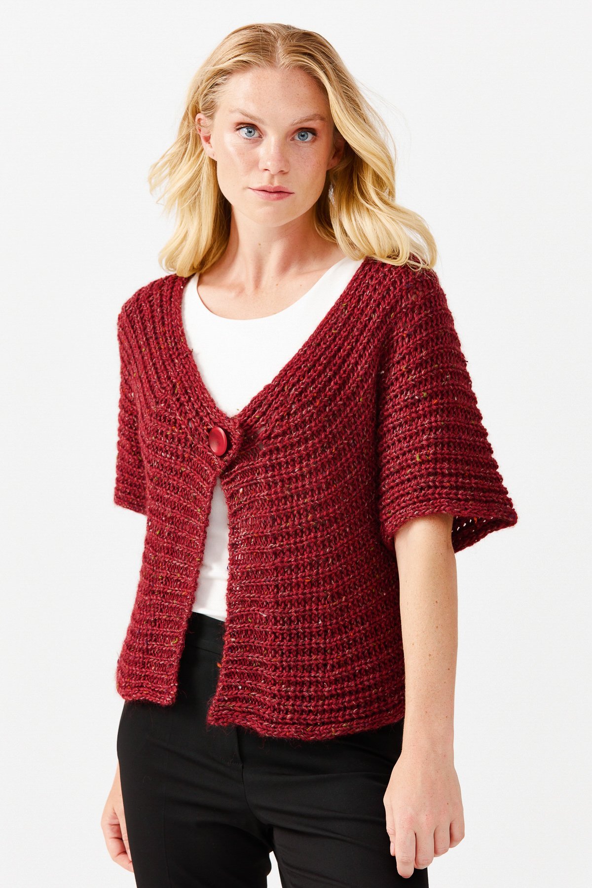 22194Женский короткий жилет на одной пуговице с v-образным вырезом, красный