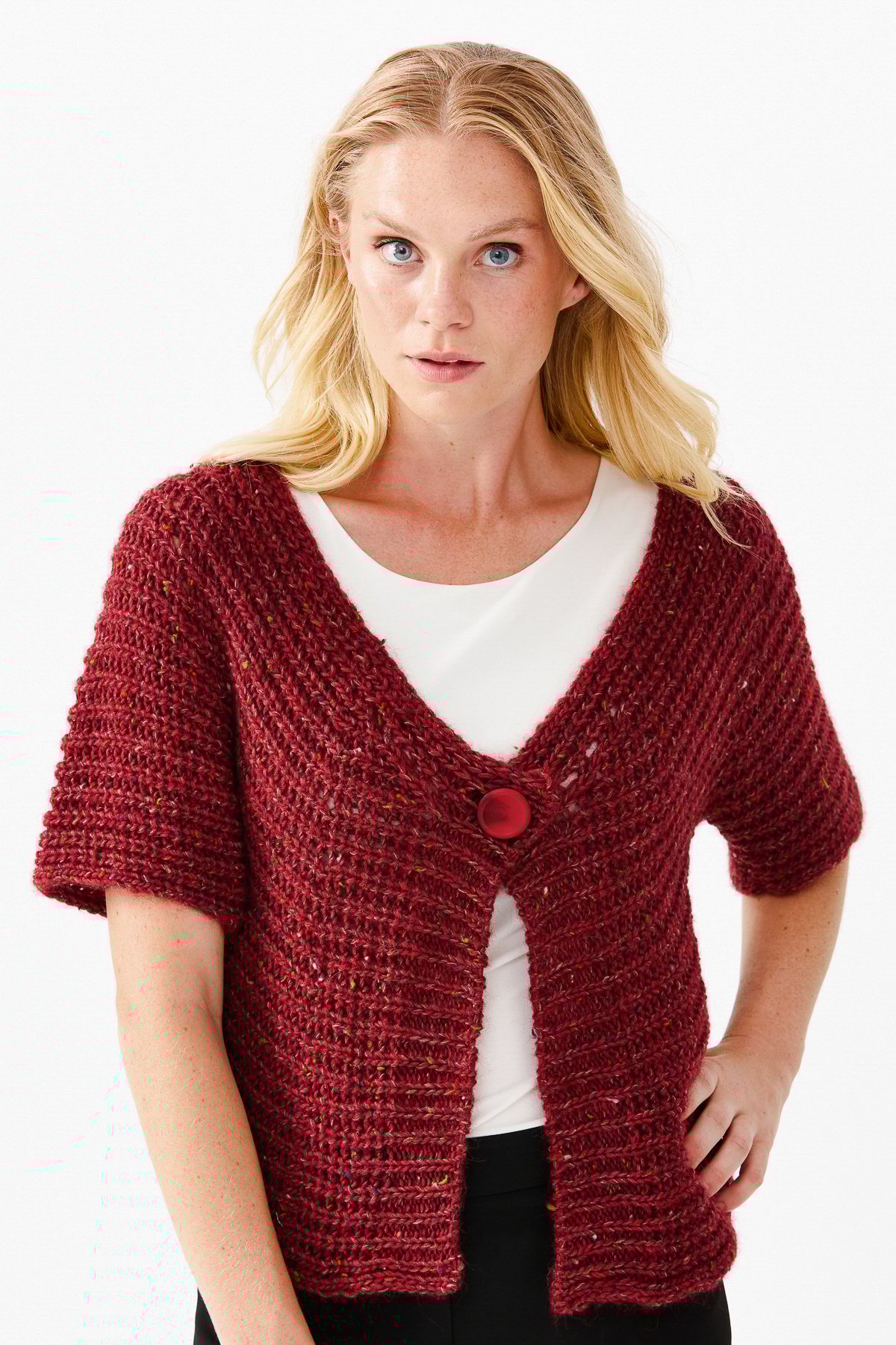 22194Женский короткий жилет на одной пуговице с v-образным вырезом, красный