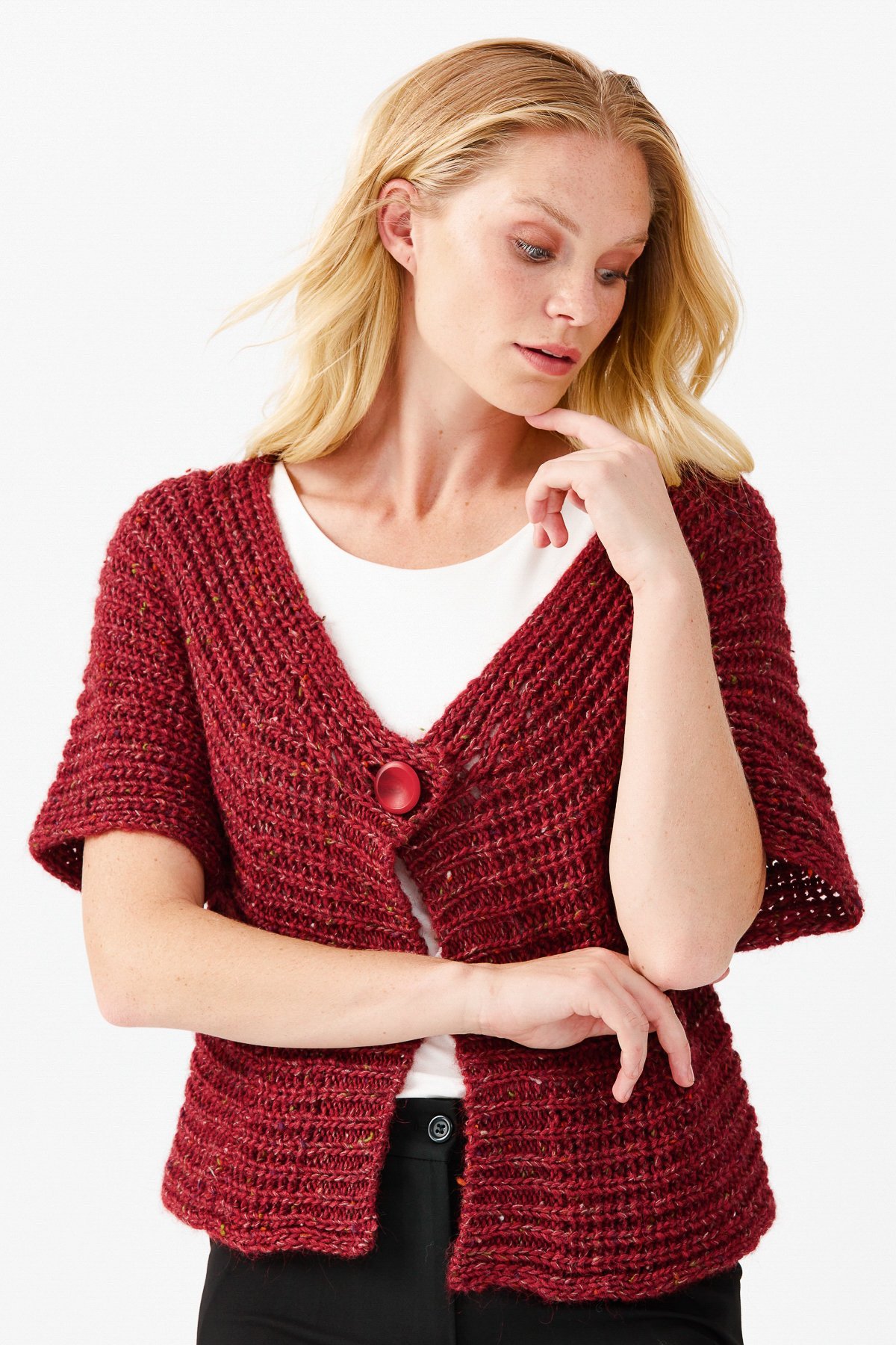 22194Женский короткий жилет на одной пуговице с v-образным вырезом, красный