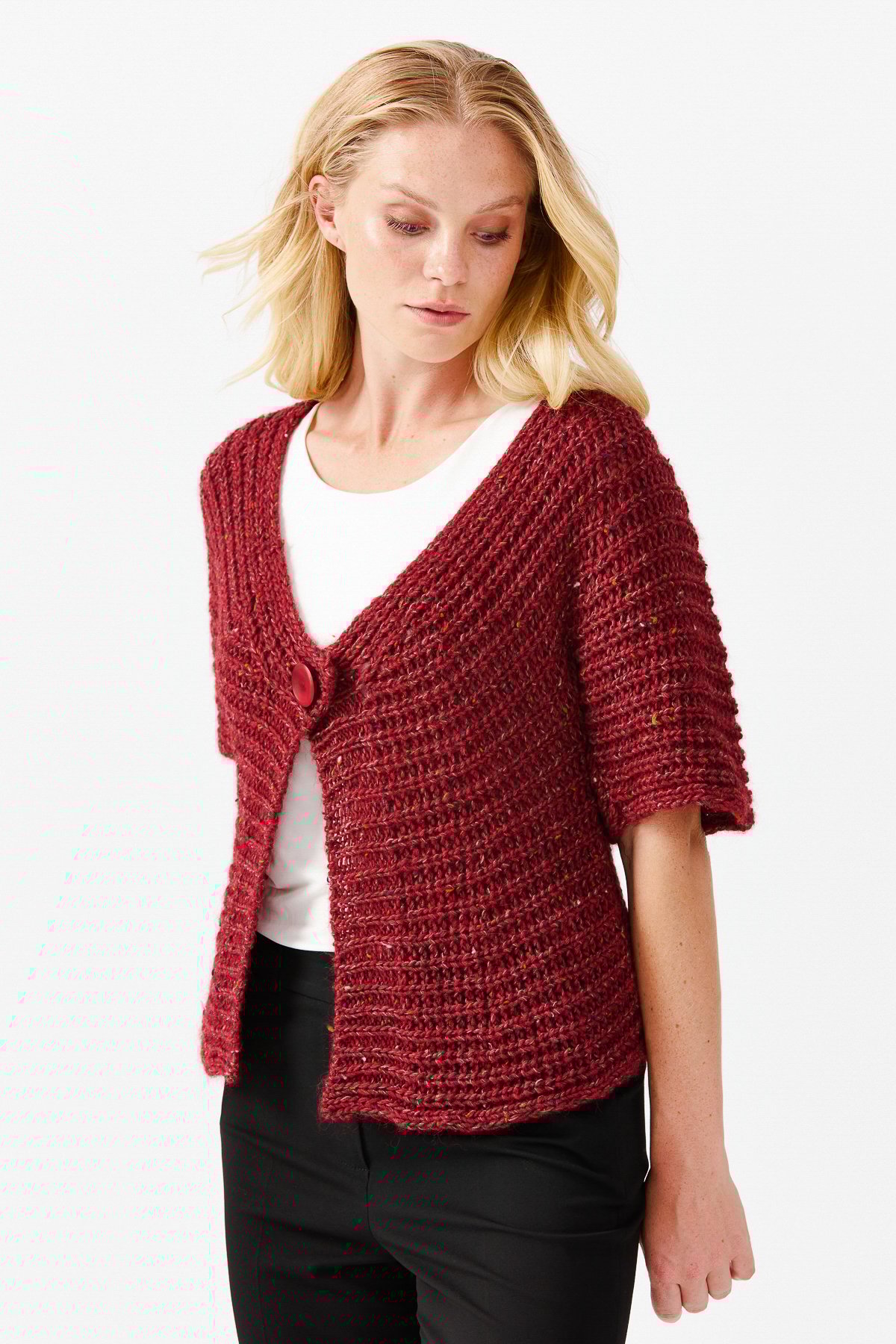 22194Женский короткий жилет на одной пуговице с v-образным вырезом, красный