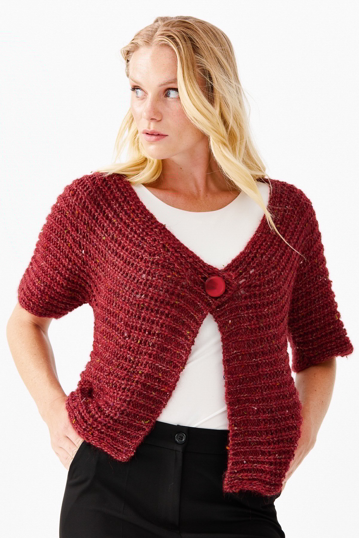 22194Женский короткий жилет на одной пуговице с v-образным вырезом, красный