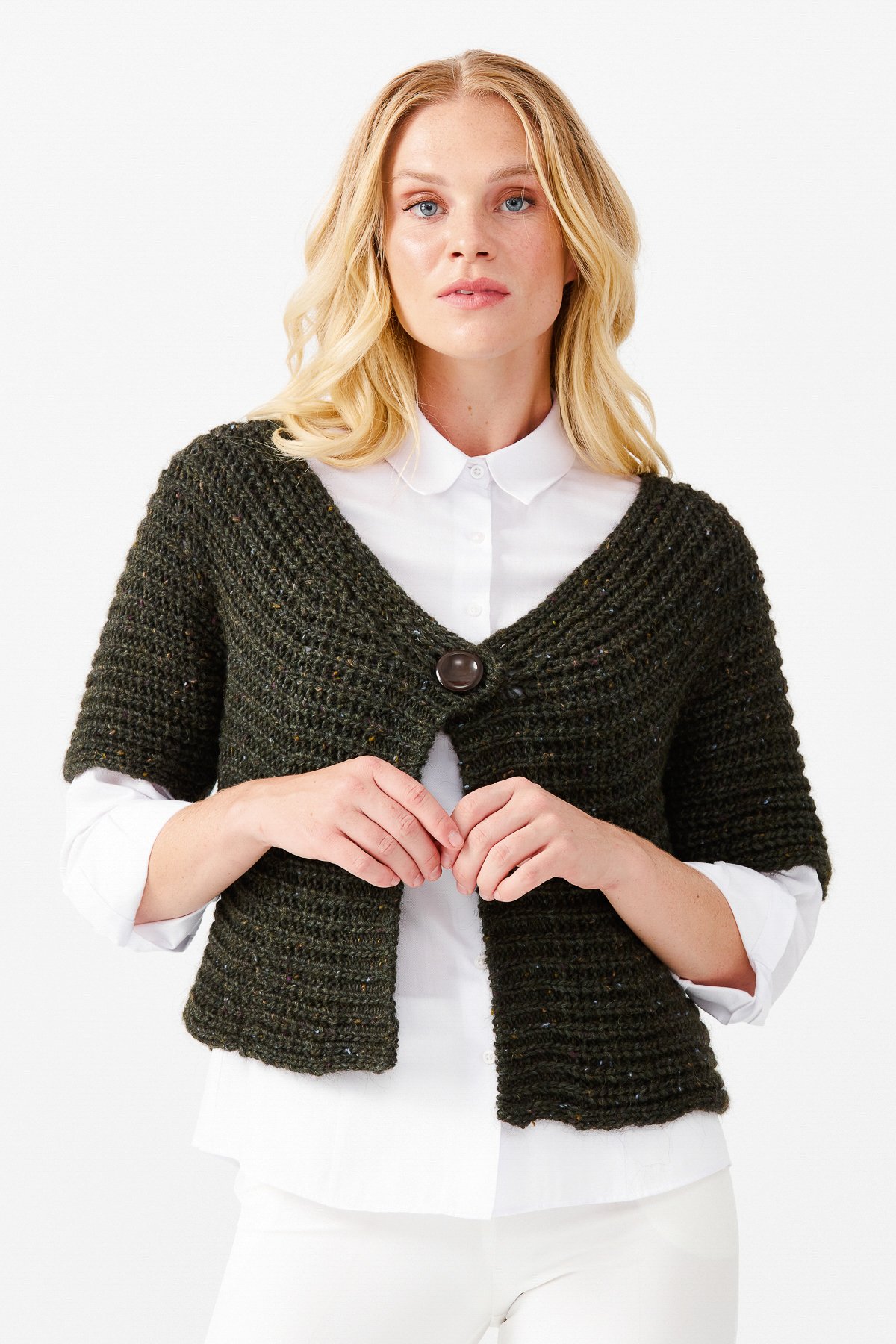 22194Женский короткий жилет на одной пуговице с v-образным вырезом, зеленый