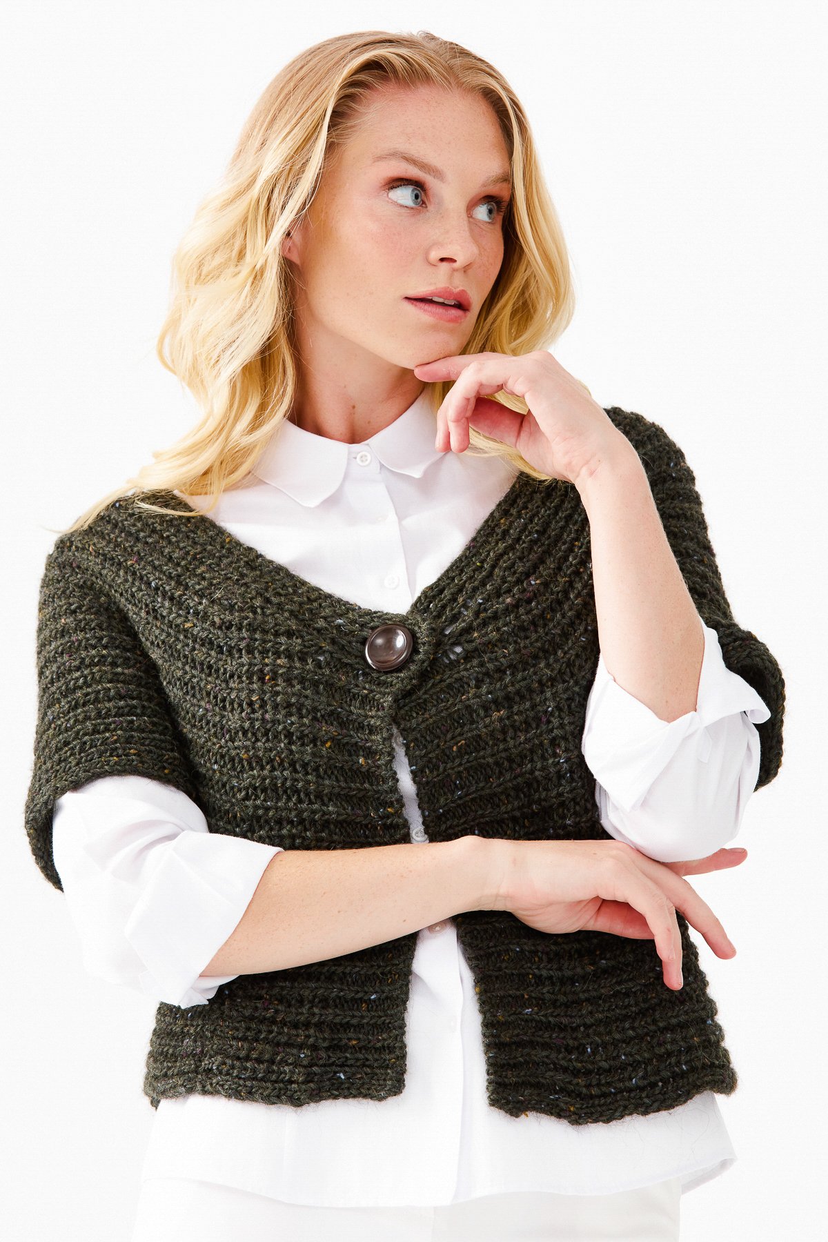 22194Женский короткий жилет на одной пуговице с v-образным вырезом, зеленый