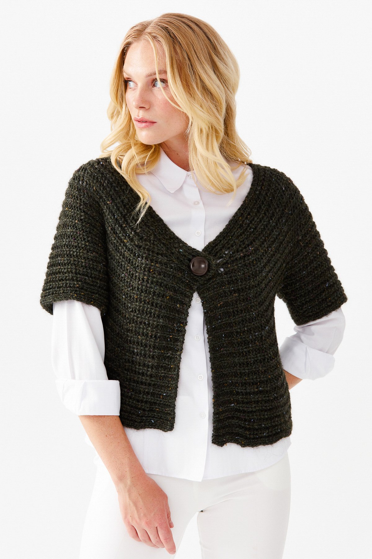 22194Женский короткий жилет на одной пуговице с v-образным вырезом, зеленый