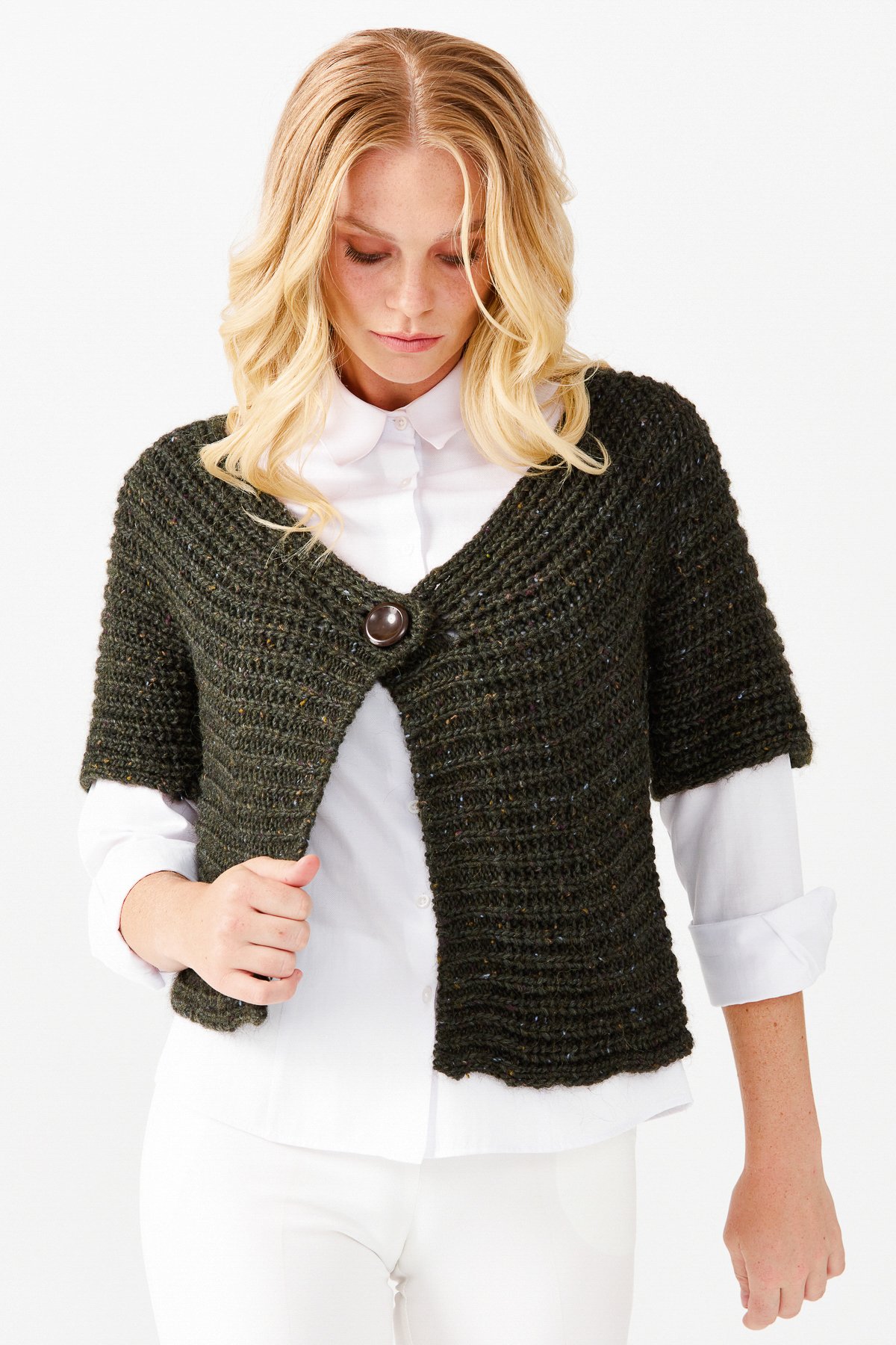 22194Женский короткий жилет на одной пуговице с v-образным вырезом, зеленый