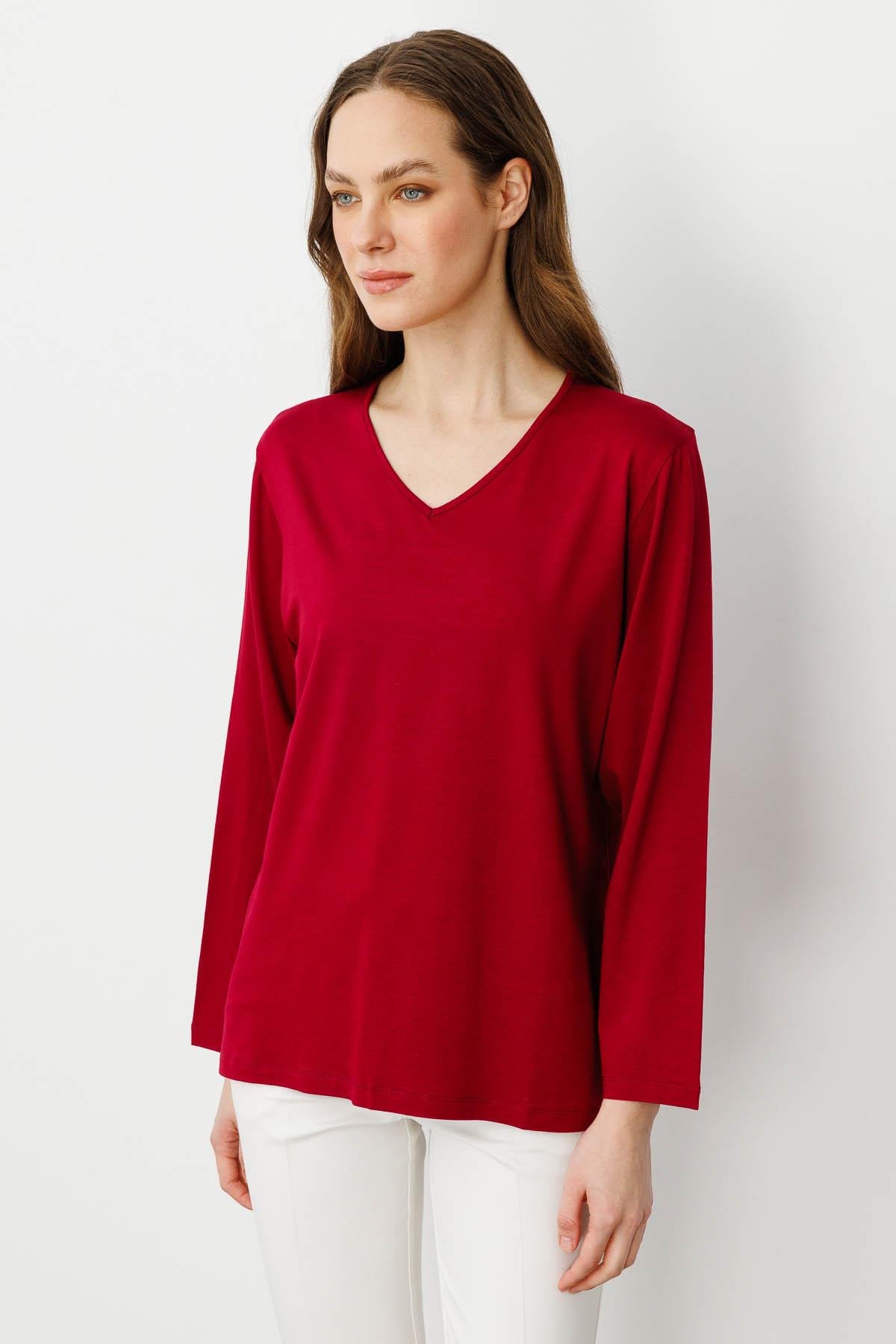 23789Kadın V Yaka Uzun Kollu Penye Bluz Bordo