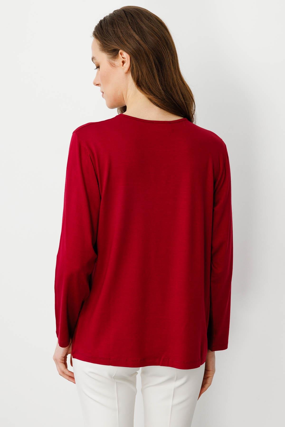 23789Kadın V Yaka Uzun Kollu Penye Bluz Bordo
