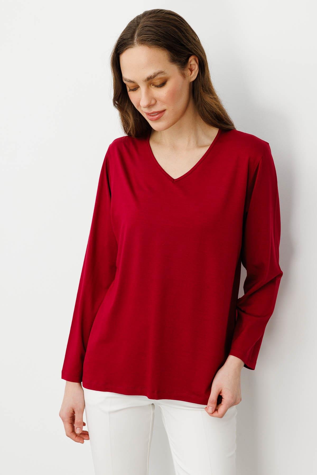 23789Kadın V Yaka Uzun Kollu Penye Bluz Bordo