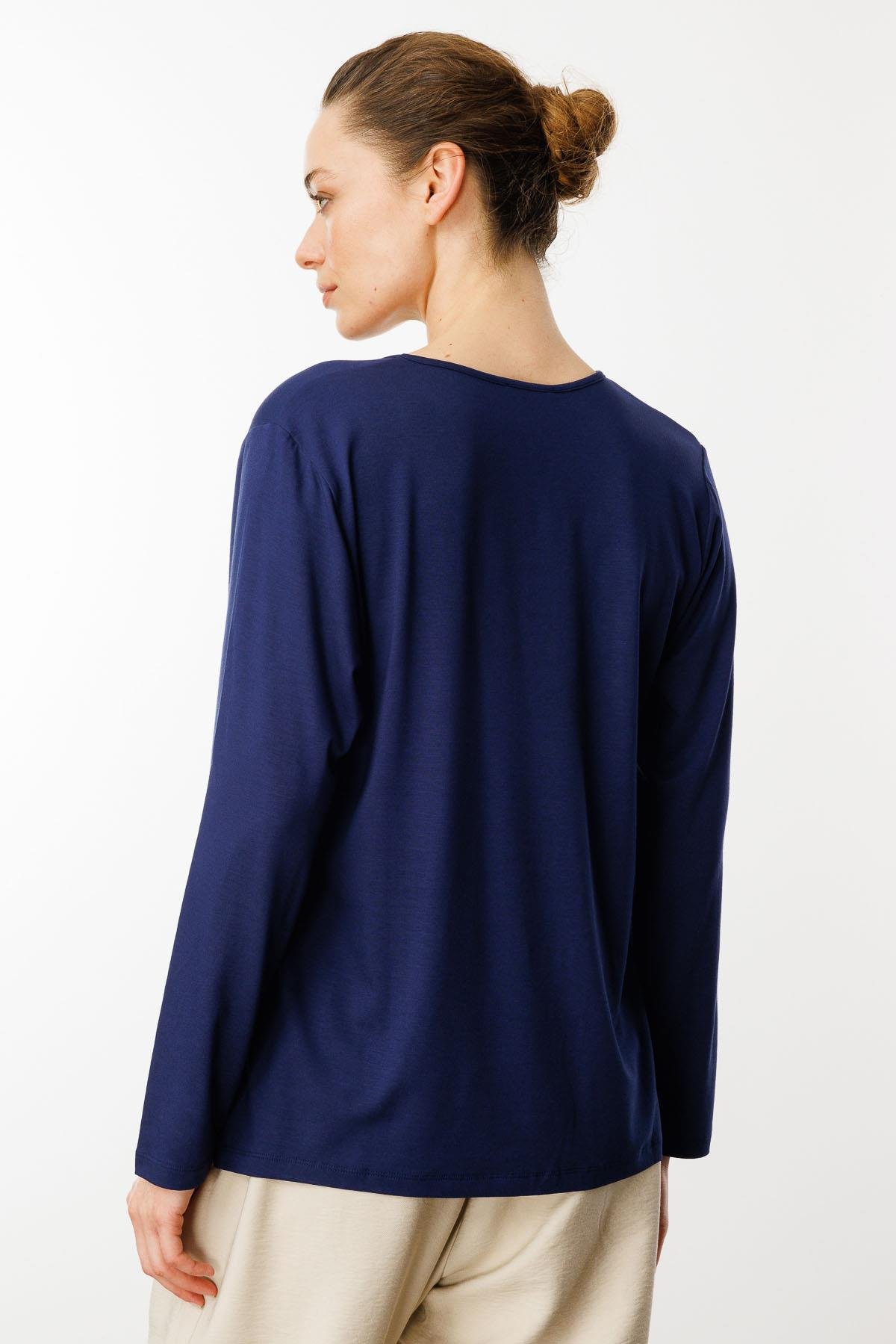 23789Kadın V Yaka Uzun Kollu Penye Bluz Lacivert