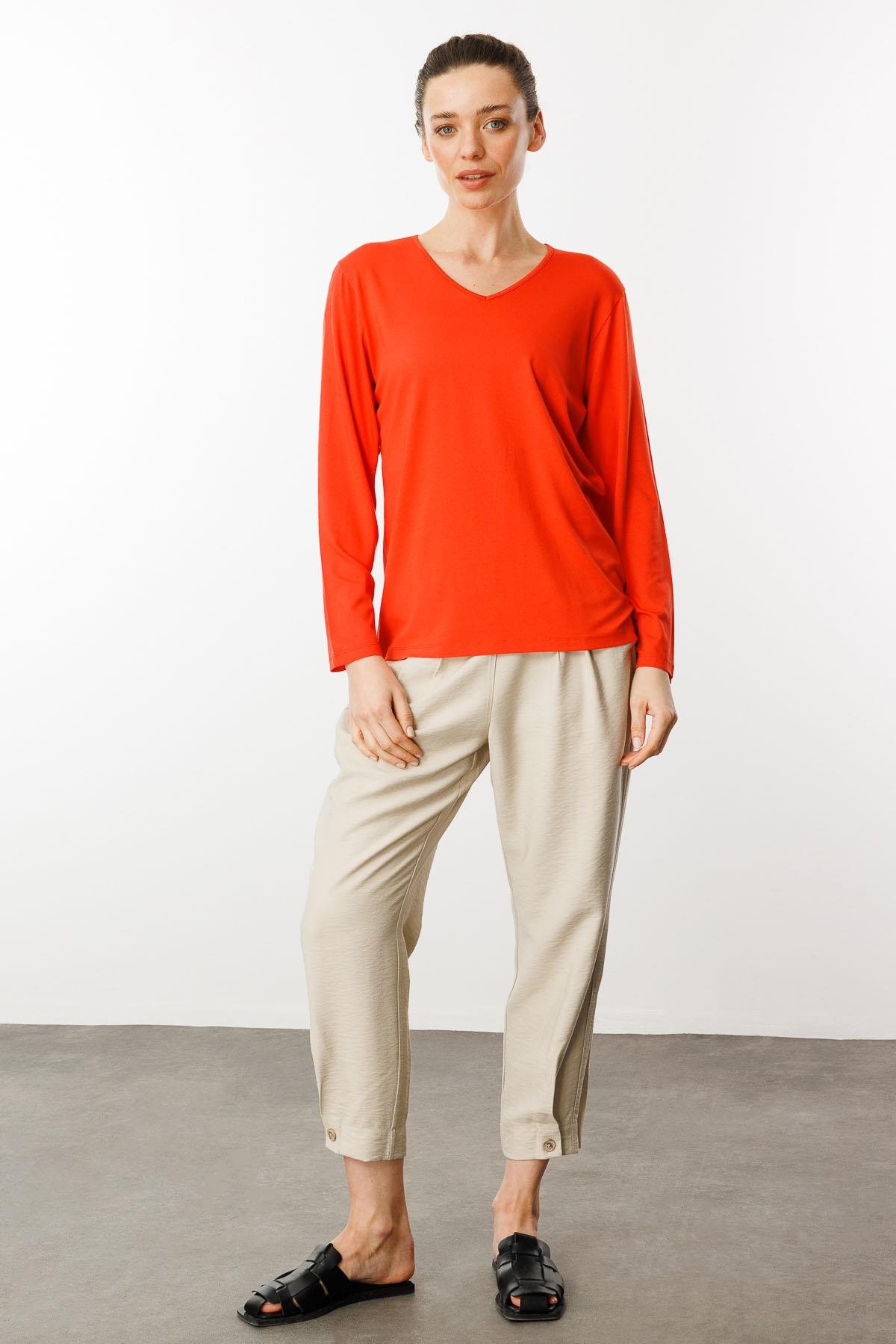 23789Kadın V Yaka Uzun Kollu Penye Bluz Oranj