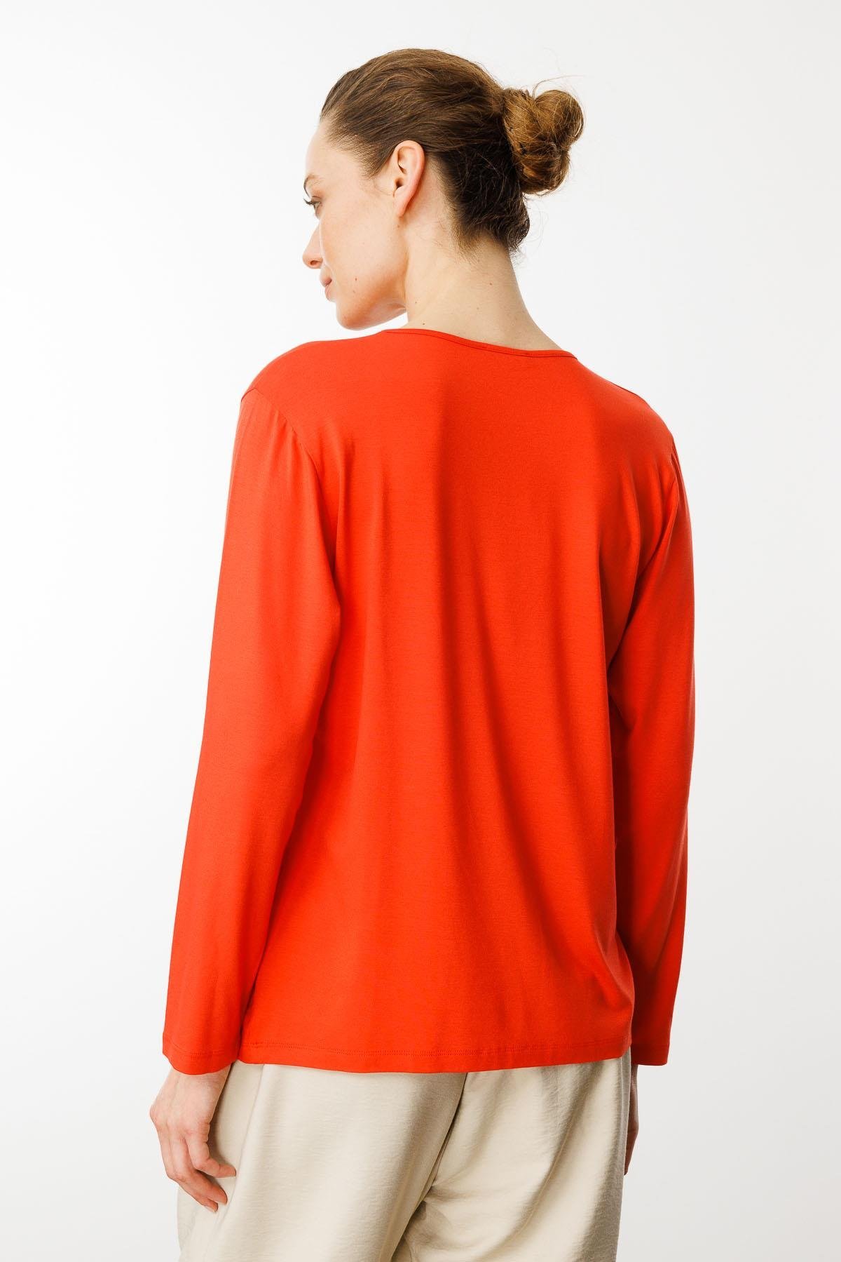 23789Kadın V Yaka Uzun Kollu Penye Bluz Oranj