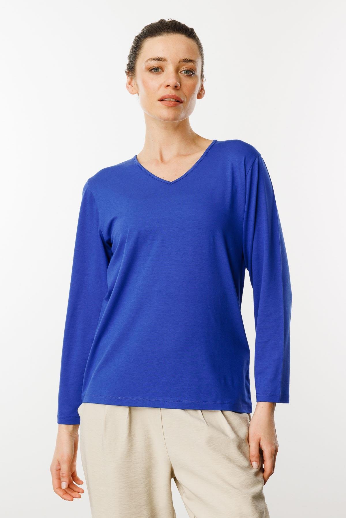 23789Kadın V Yaka Uzun Kollu Penye Bluz Saks