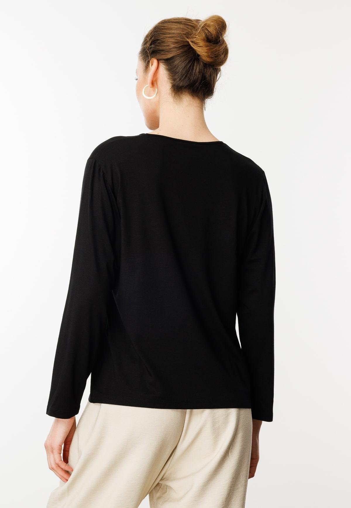 23789Kadın V Yaka Uzun Kollu Penye Bluz Siyah