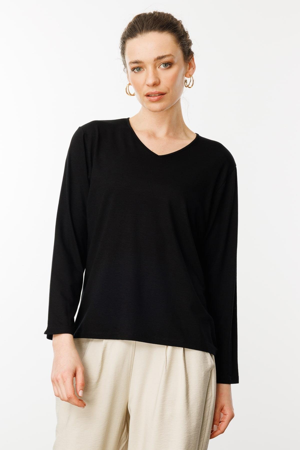 23789Kadın V Yaka Uzun Kollu Penye Bluz Siyah