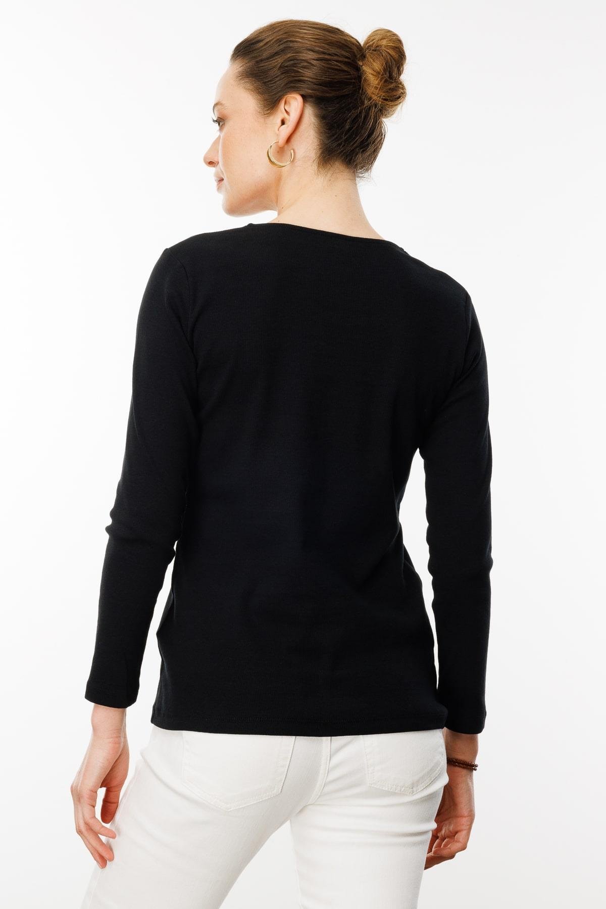 25759Kadın V Yaka Yakası Nakış İşlemeli Pamuklu Bluz Siyah