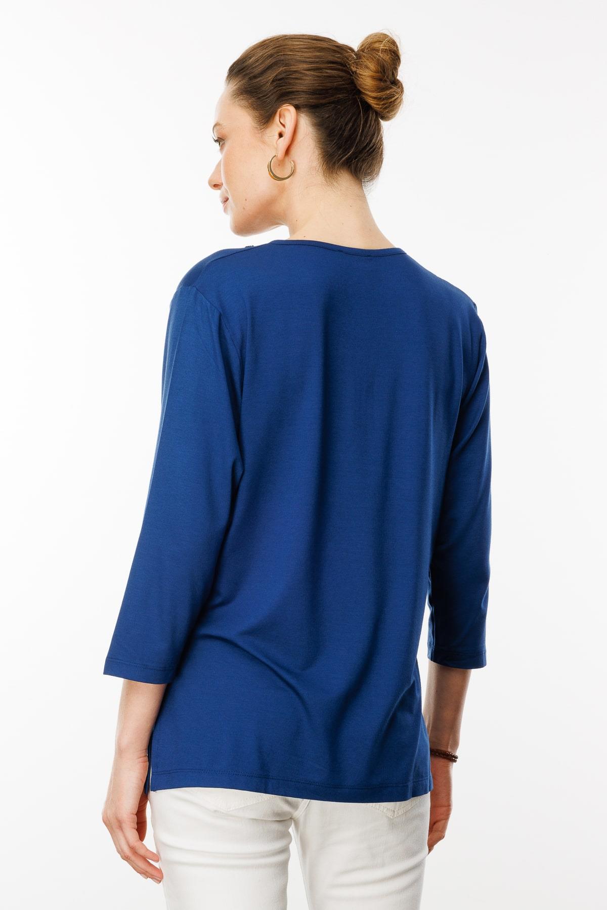 24752Kadın Yakası Dantel İşlemeli Penye Bluz İndigo