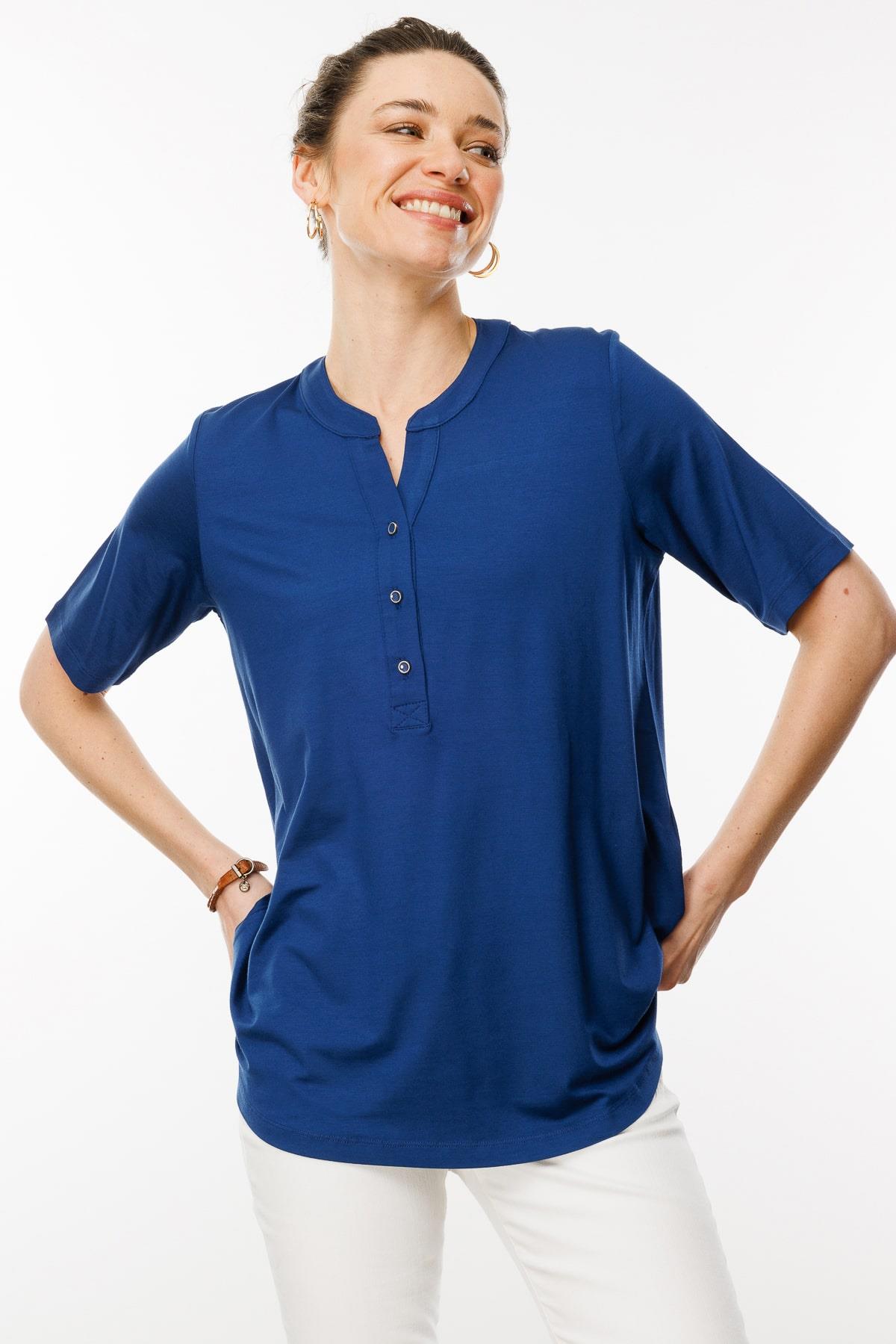 25764Kadın Yakası Düğmeli Penye Gömlek İndigo