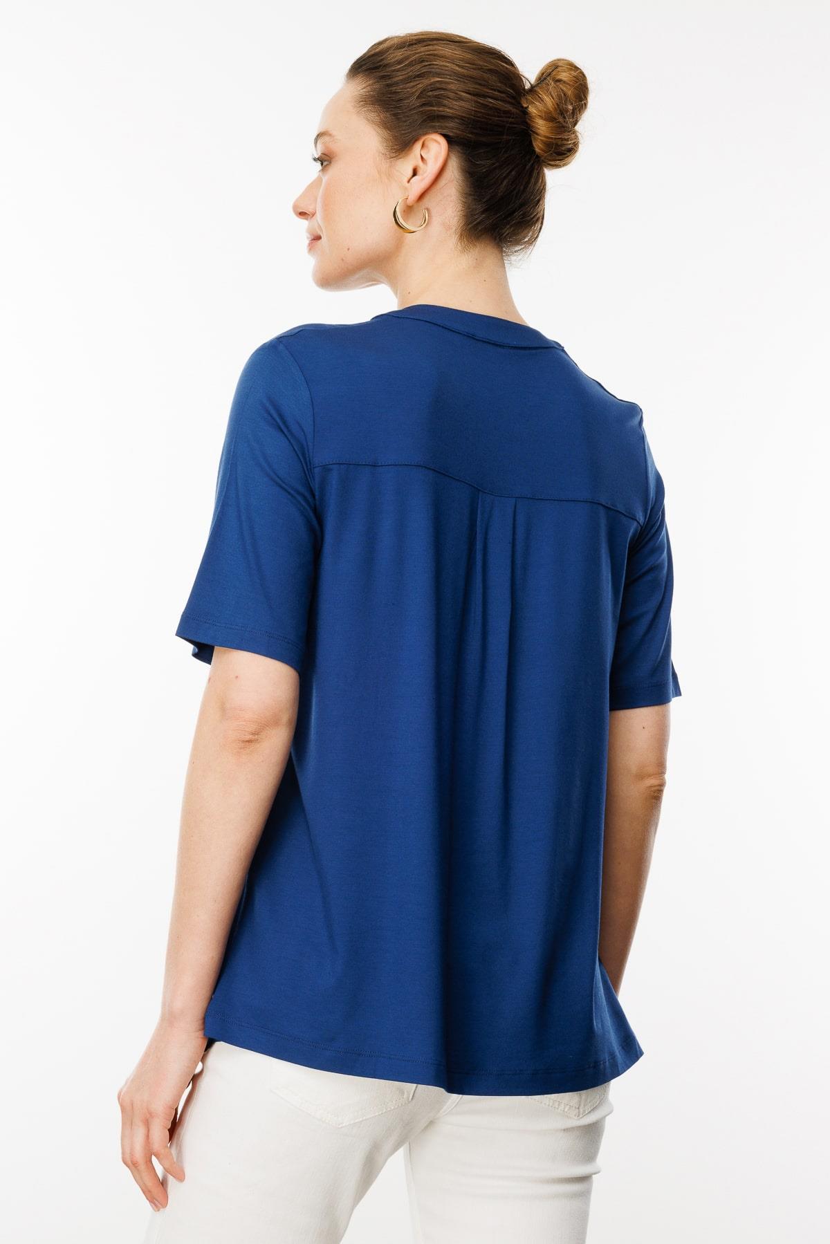 25764Kadın Yakası Düğmeli Penye Gömlek İndigo