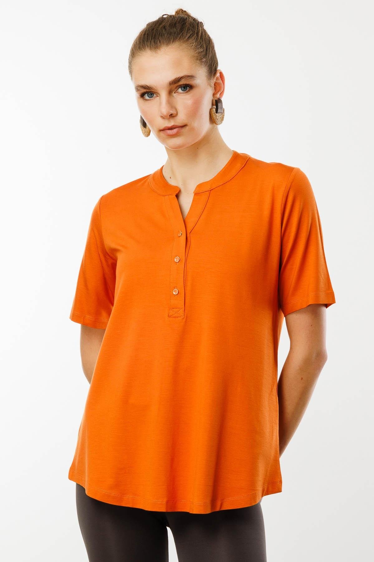 25764Kadın Yakası Düğmeli Penye Gömlek Turuncu