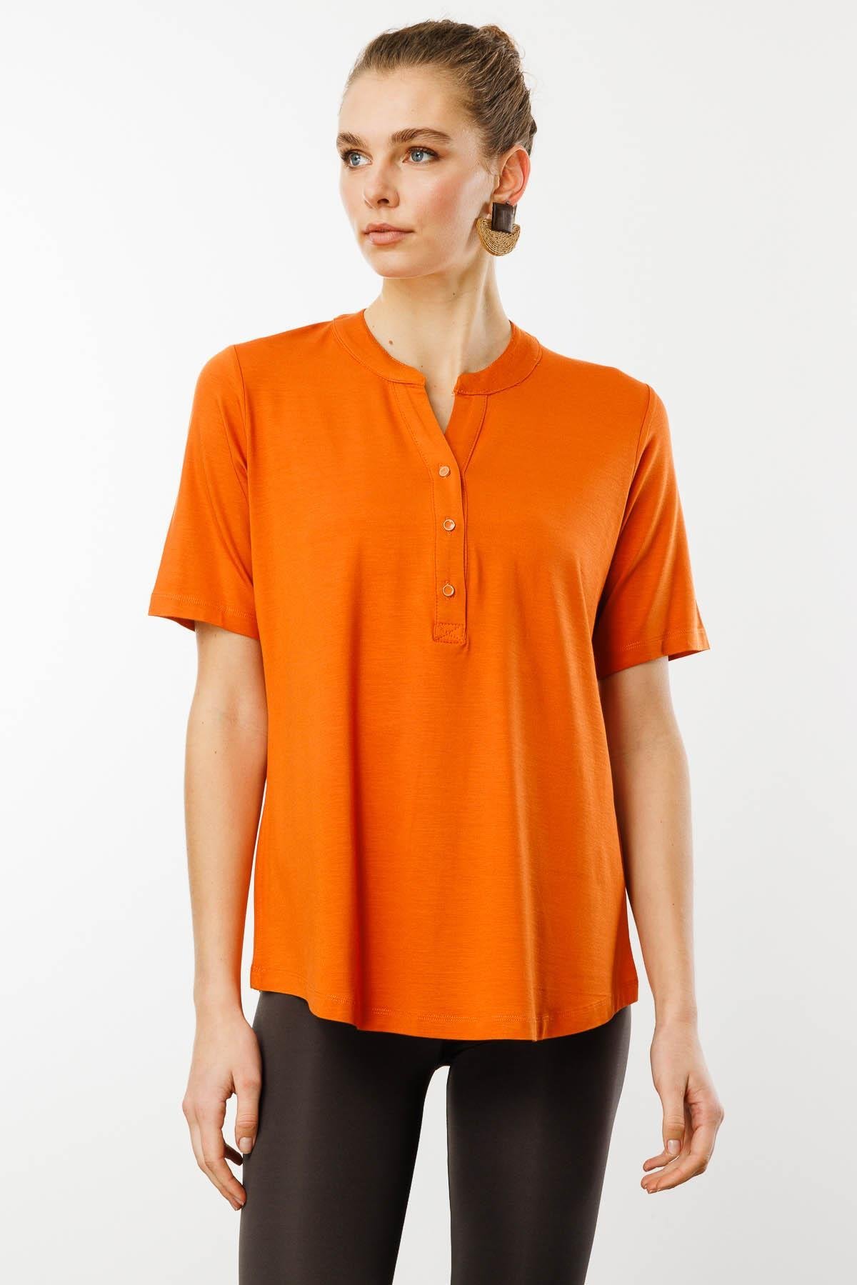 25764Kadın Yakası Düğmeli Penye Gömlek Turuncu