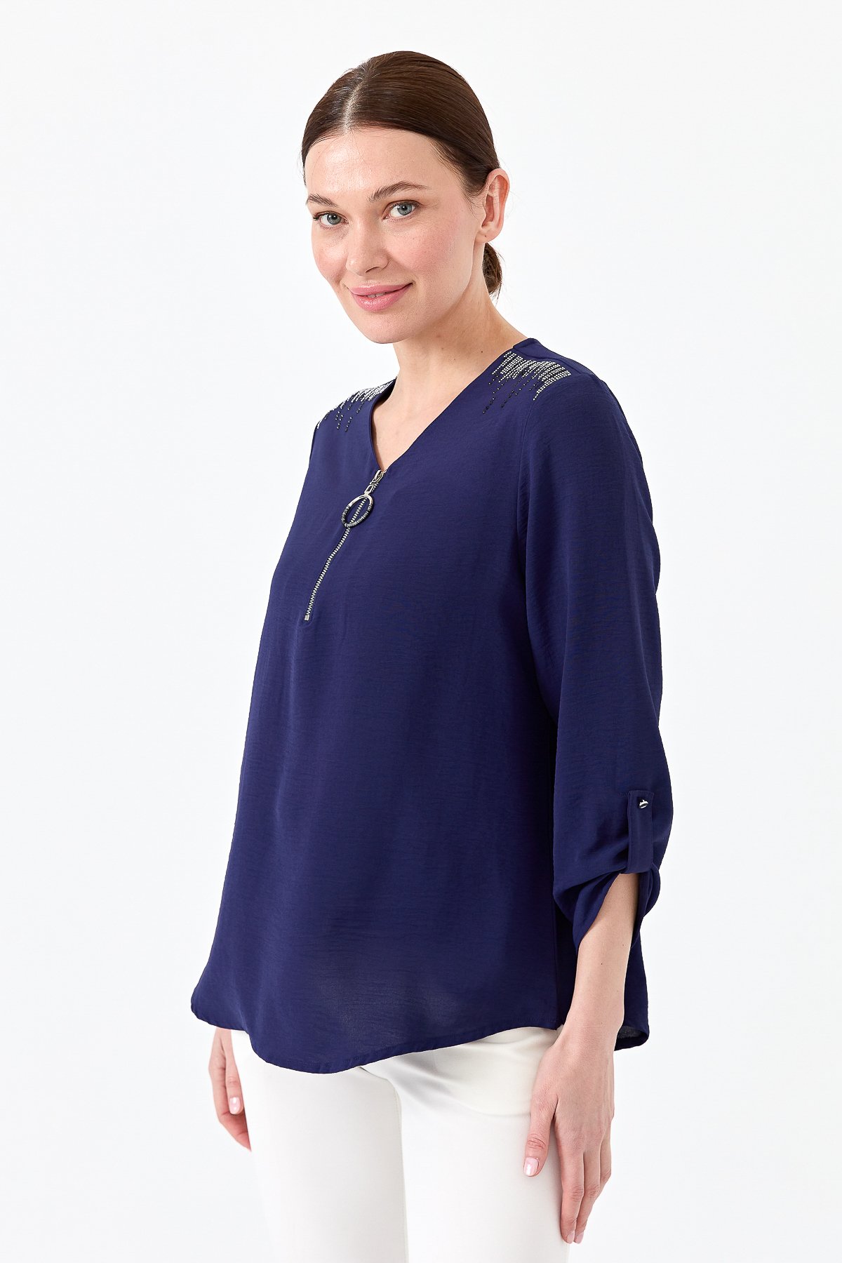 23464Kadın Yakası Fermuarlı Penye Bluz Lacivert