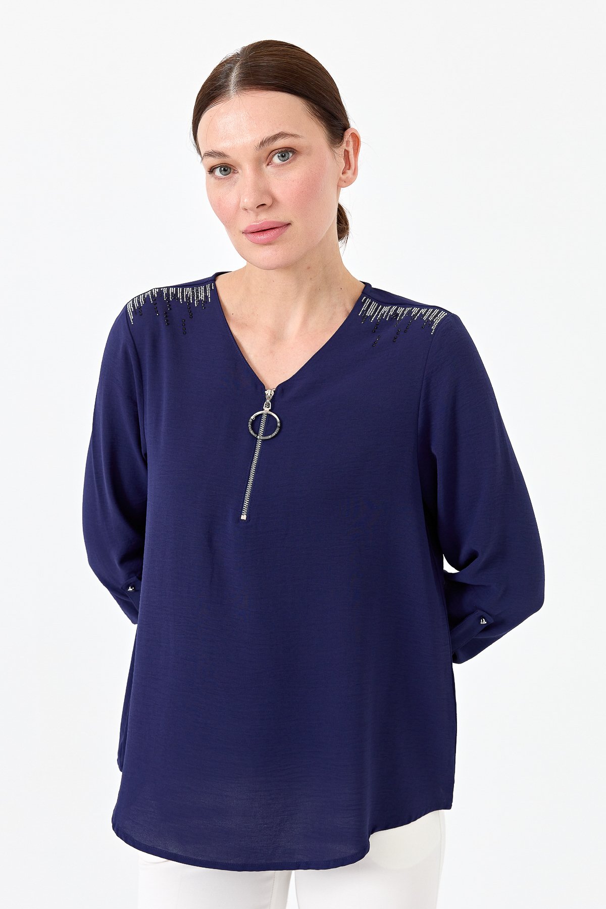 23464Kadın Yakası Fermuarlı Penye Bluz Lacivert