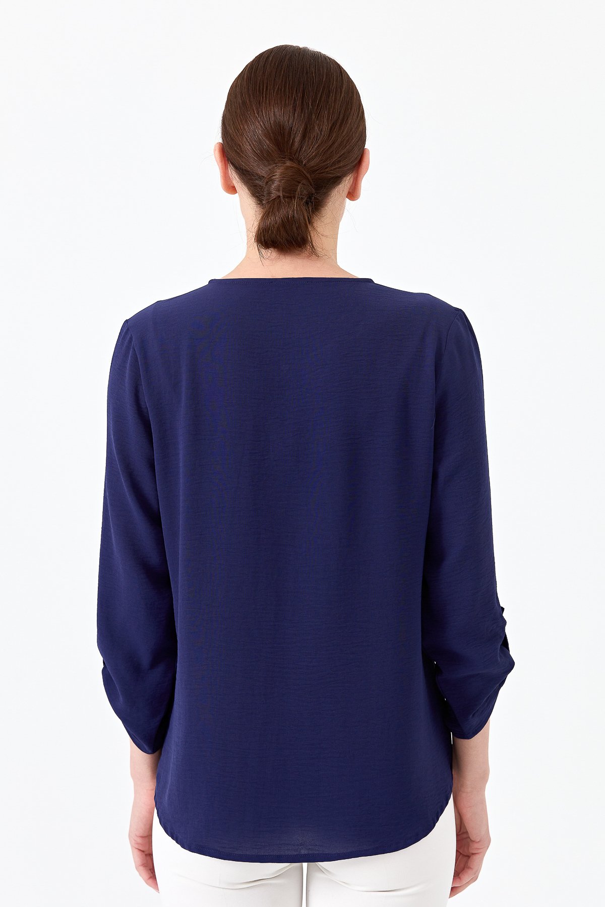 23464Kadın Yakası Fermuarlı Penye Bluz Lacivert