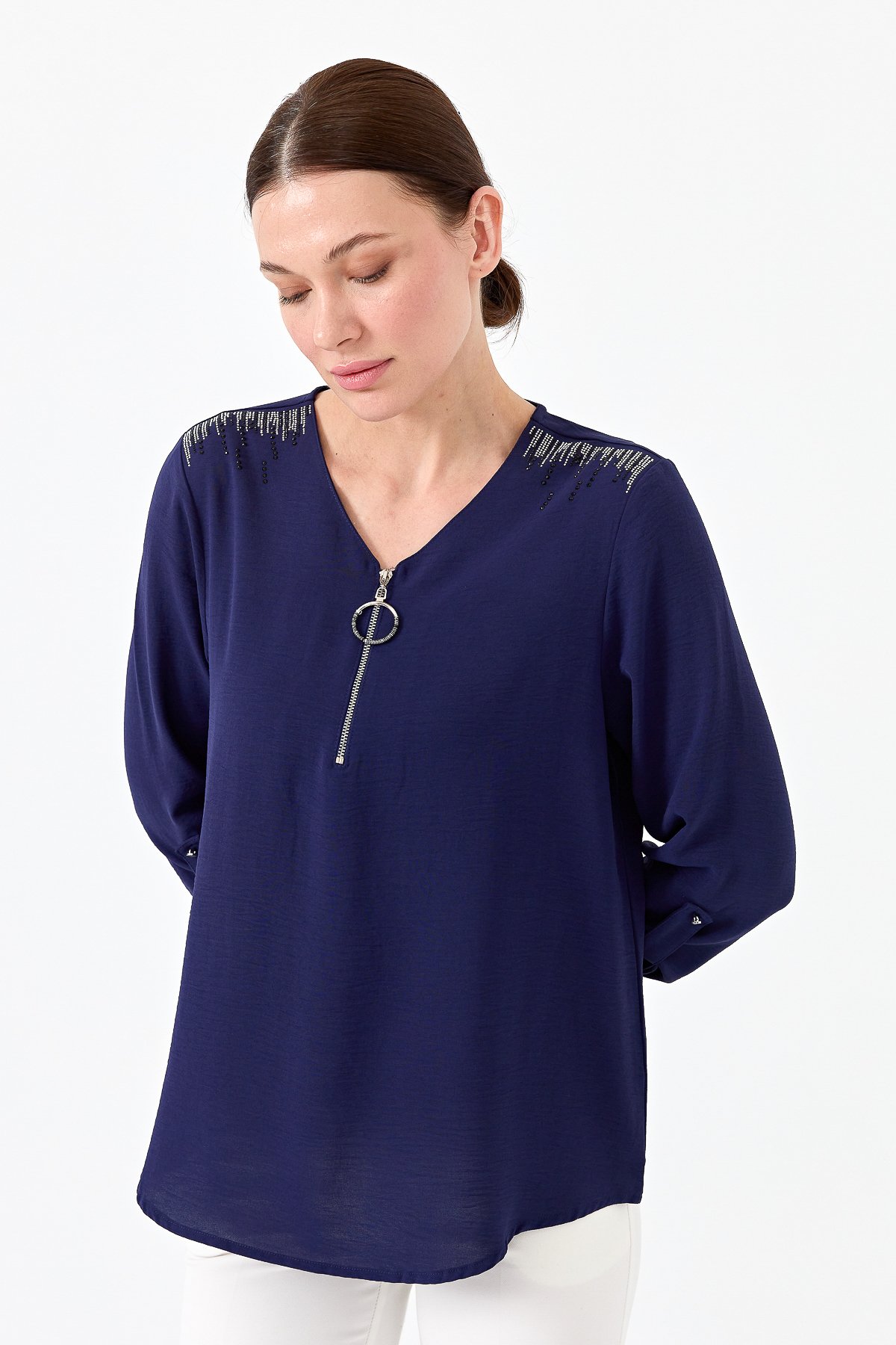 23464Kadın Yakası Fermuarlı Penye Bluz Lacivert