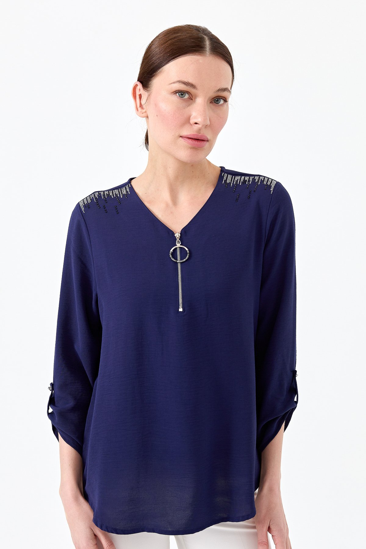 23464Kadın Yakası Fermuarlı Penye Bluz Lacivert