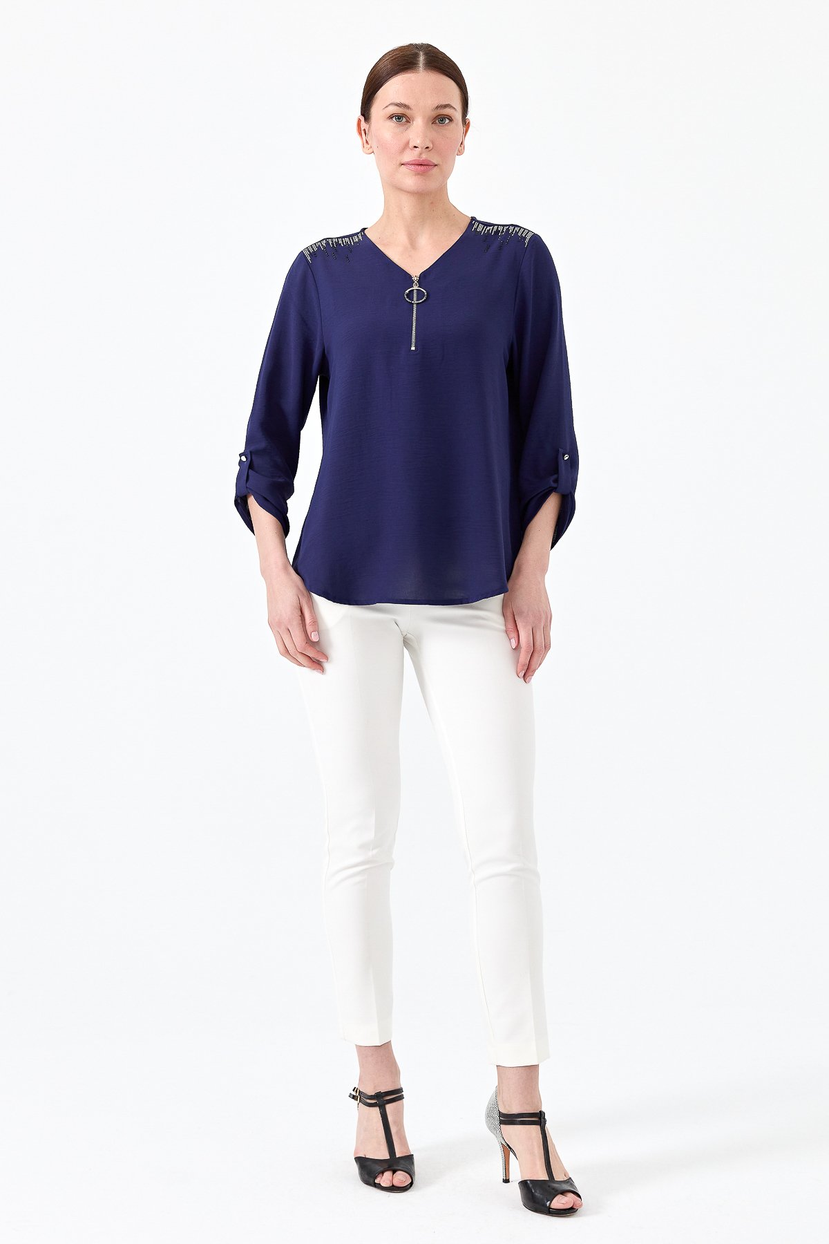 23464Kadın Yakası Fermuarlı Penye Bluz Lacivert