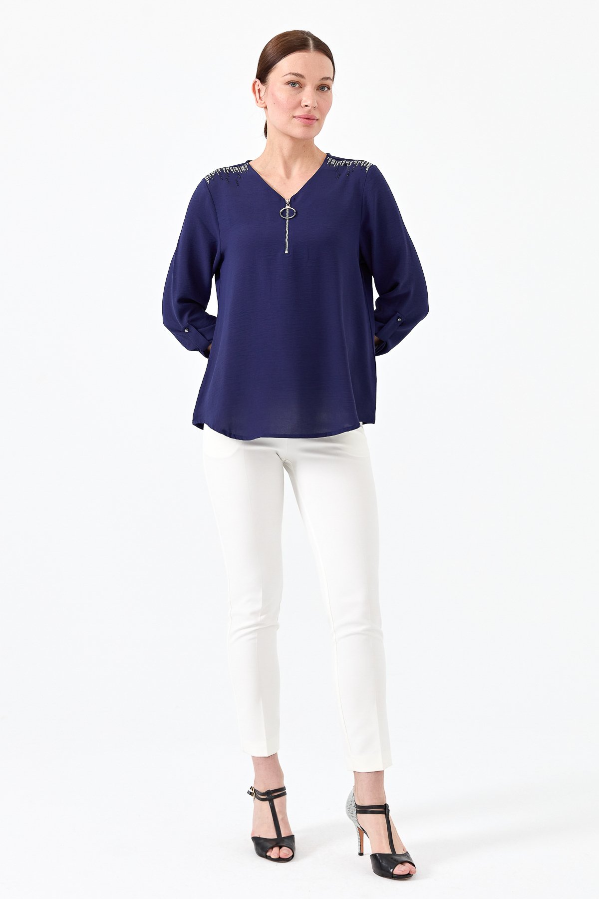 23464Kadın Yakası Fermuarlı Penye Bluz Lacivert
