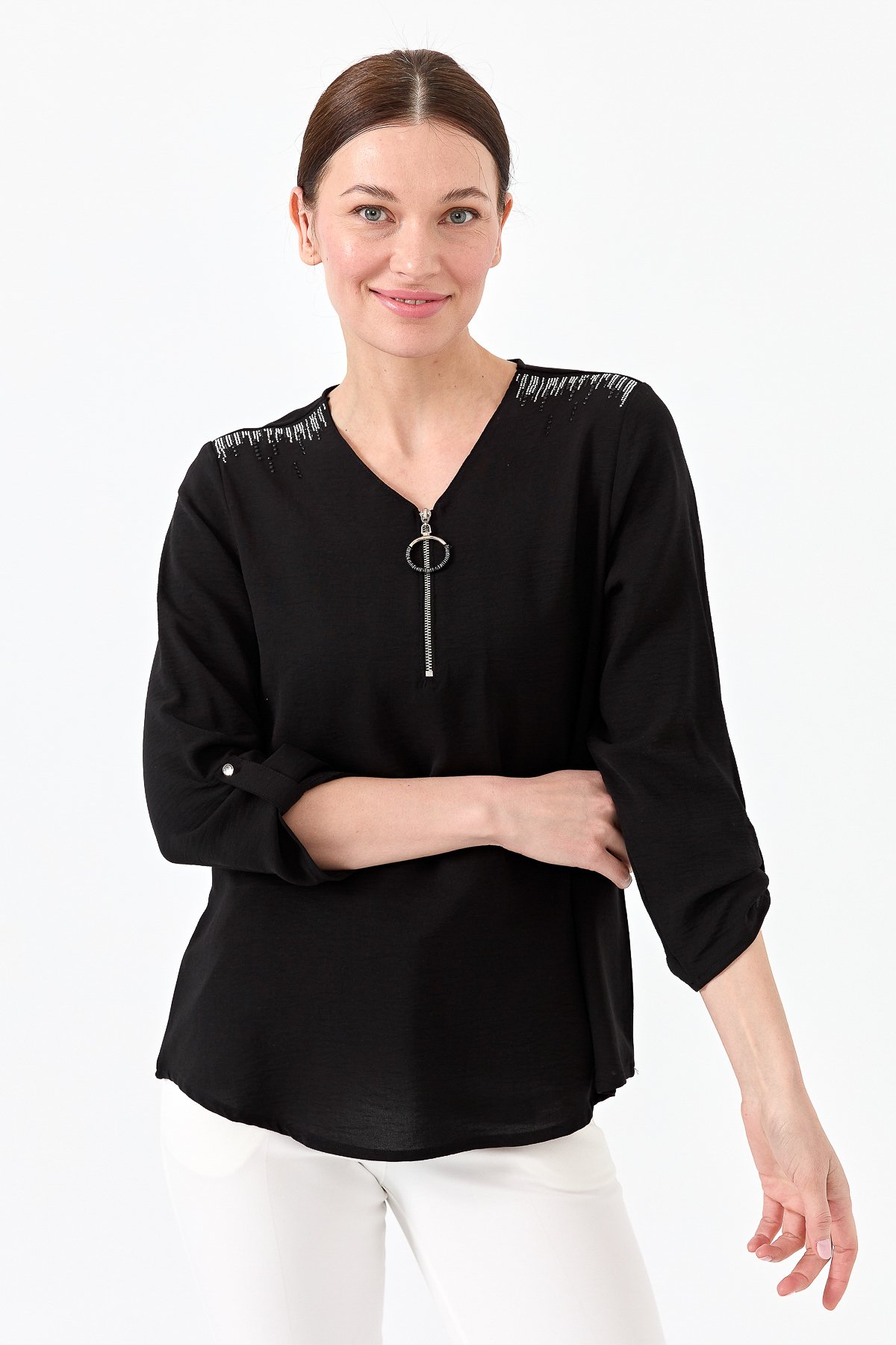 23464Kadın Yakası Fermuarlı Penye Bluz Siyah