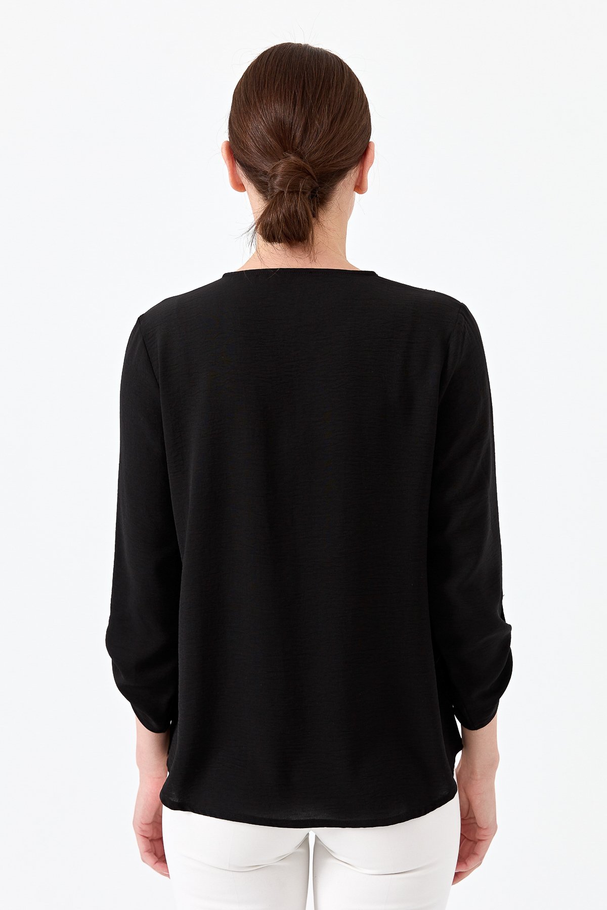 23464Kadın Yakası Fermuarlı Penye Bluz Siyah