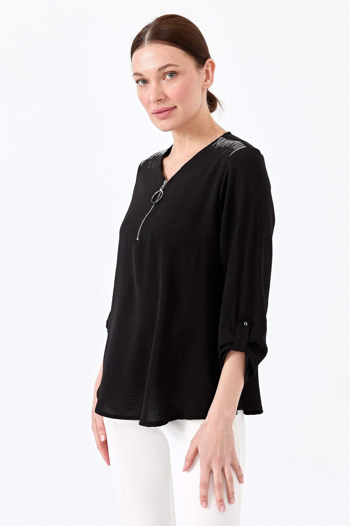 23464Kadın Yakası Fermuarlı Penye Bluz Siyah