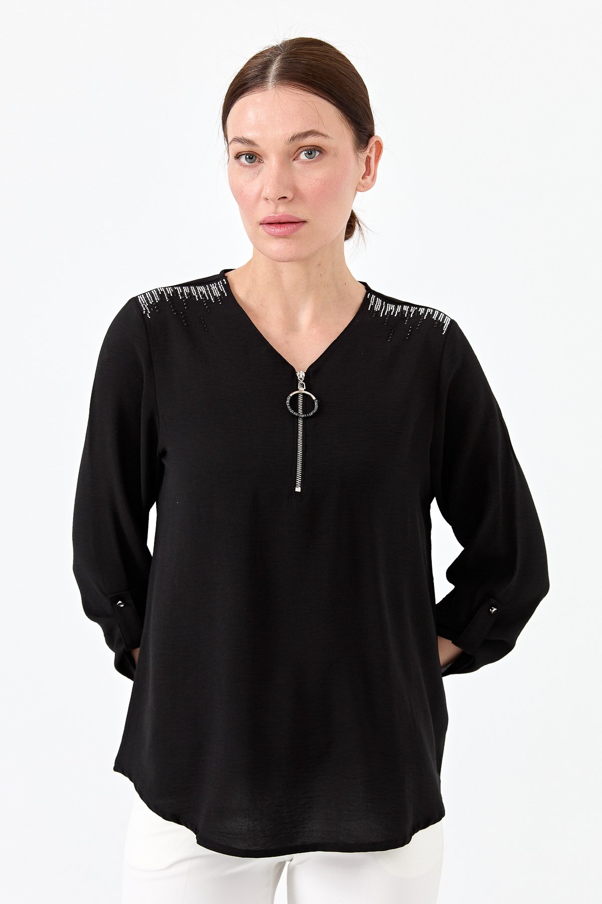 23464Kadın Yakası Fermuarlı Penye Bluz Siyah