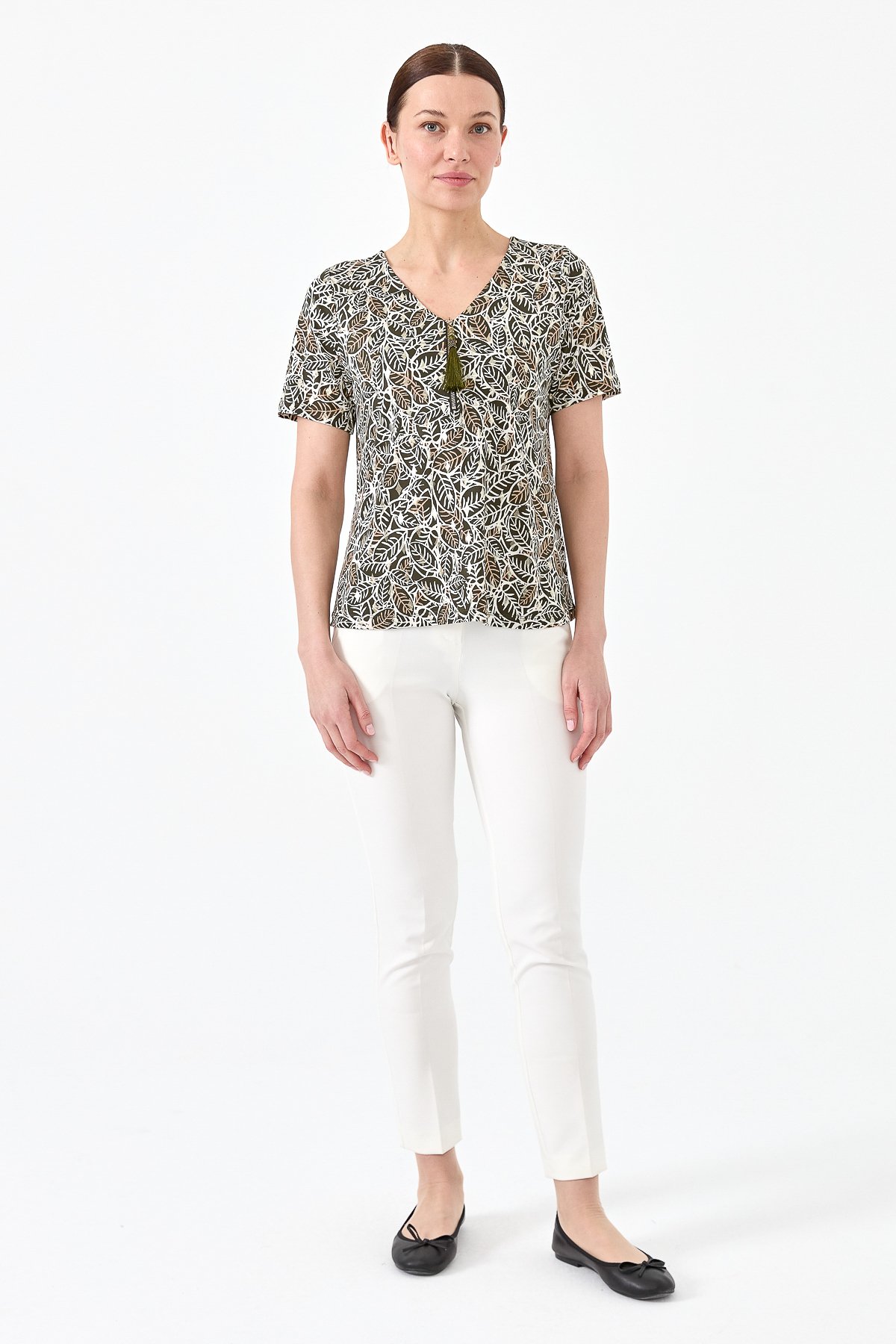 23470Kadın Yakası Fermuarlı Penye Tshirt Haki