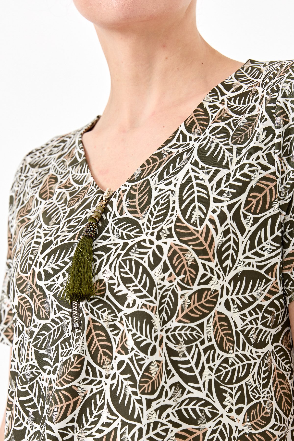 23470Kadın Yakası Fermuarlı Penye Tshirt Haki