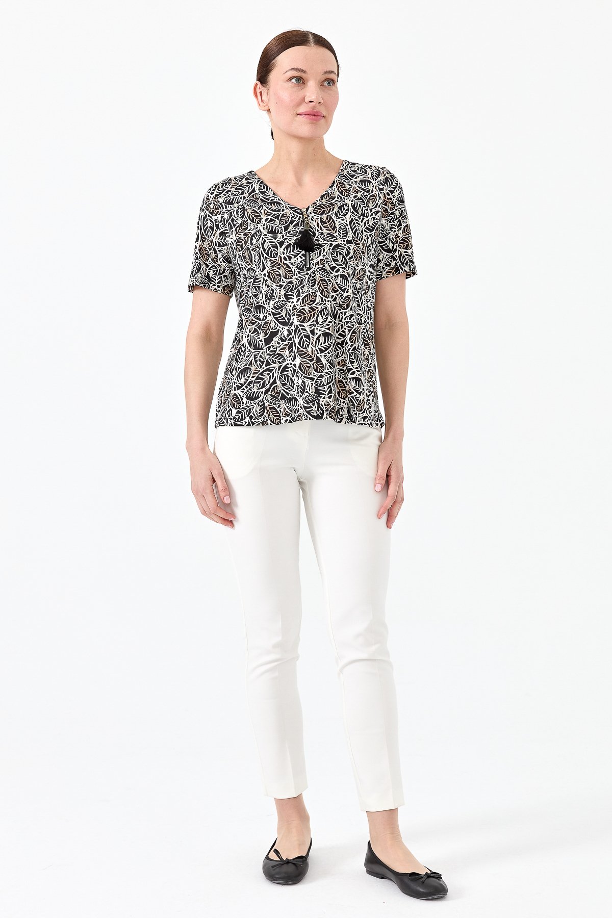 23470Kadın Yakası Fermuarlı Penye Tshirt Siyah