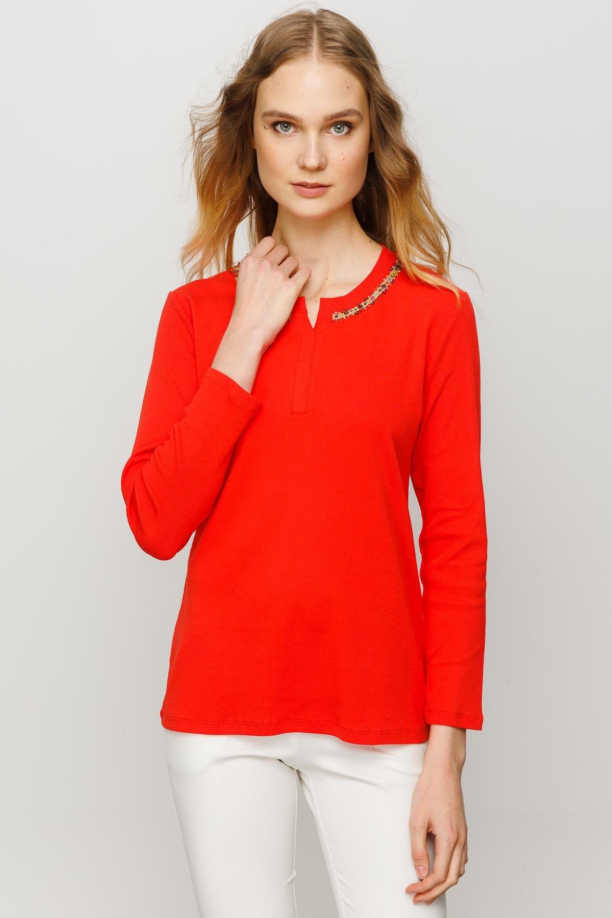 23752Kadın Yakası İşlemeli Penye Bluz Oranj