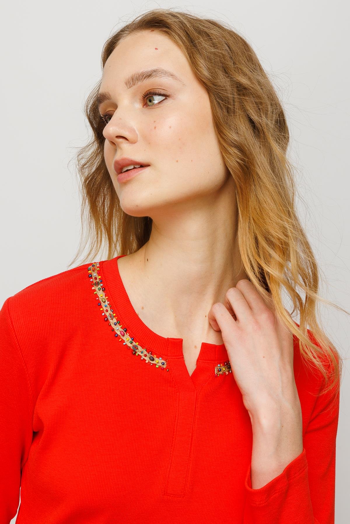 23752Kadın Yakası İşlemeli Penye Bluz Oranj