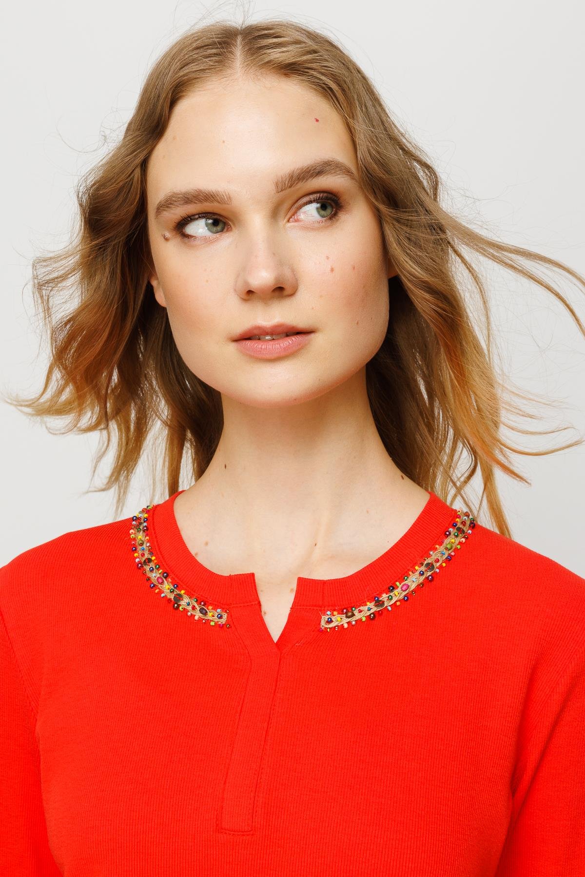 23752Kadın Yakası İşlemeli Penye Bluz Oranj