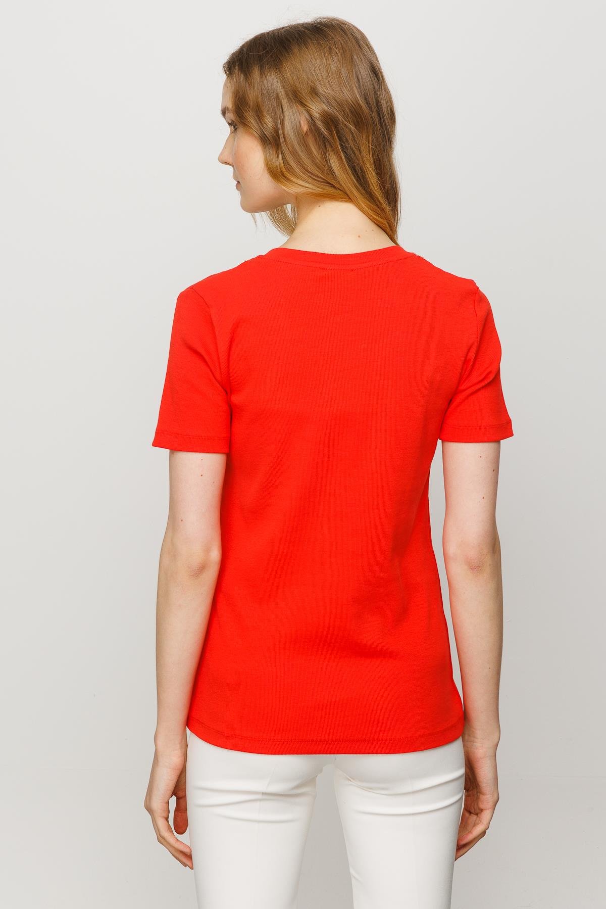 23751Kadın Yakası İşlemeli Penye T-shirt Oranj