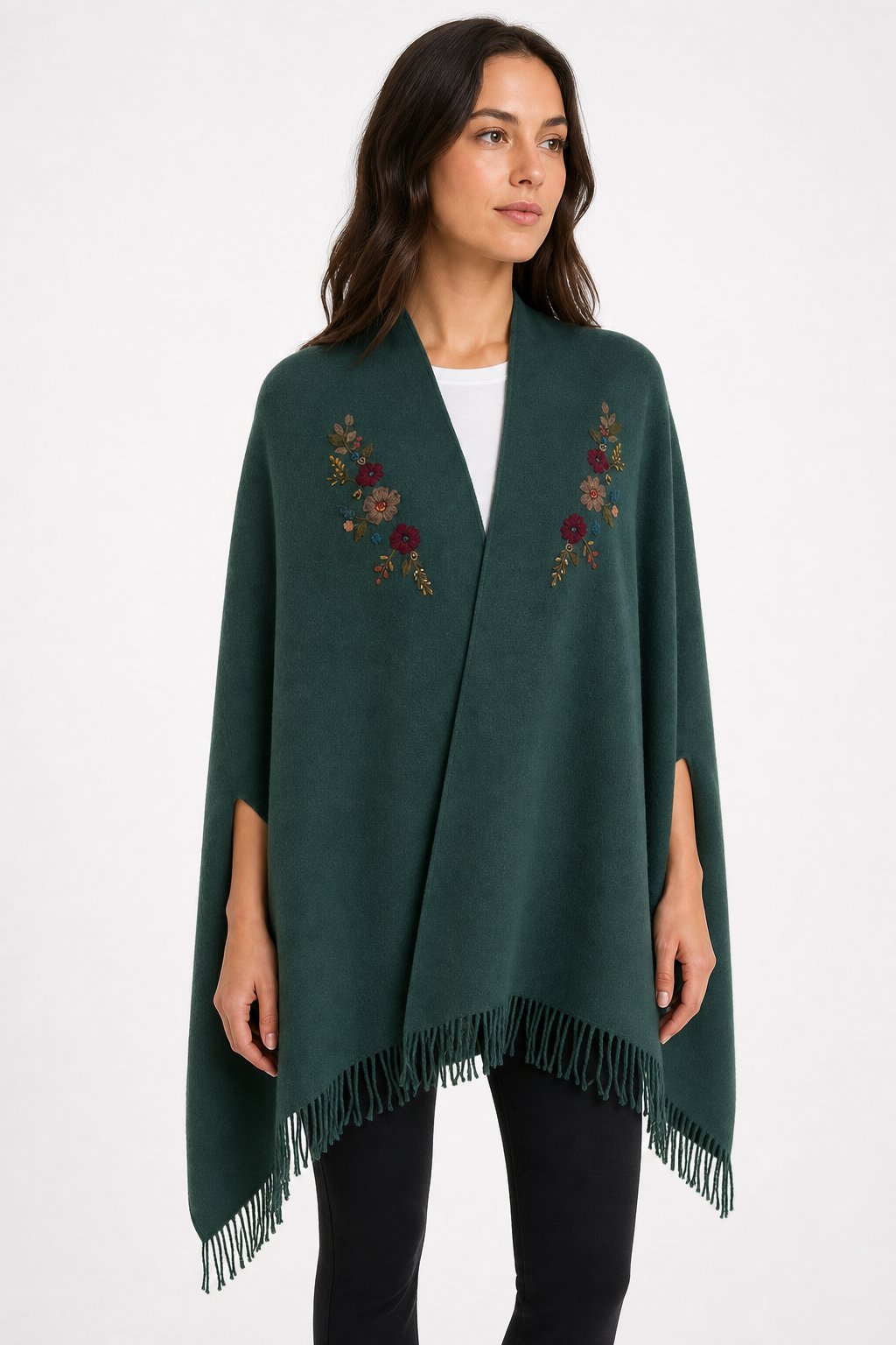 25060Women's Large Wool Poncho with Embroidered Collar and Sleeves