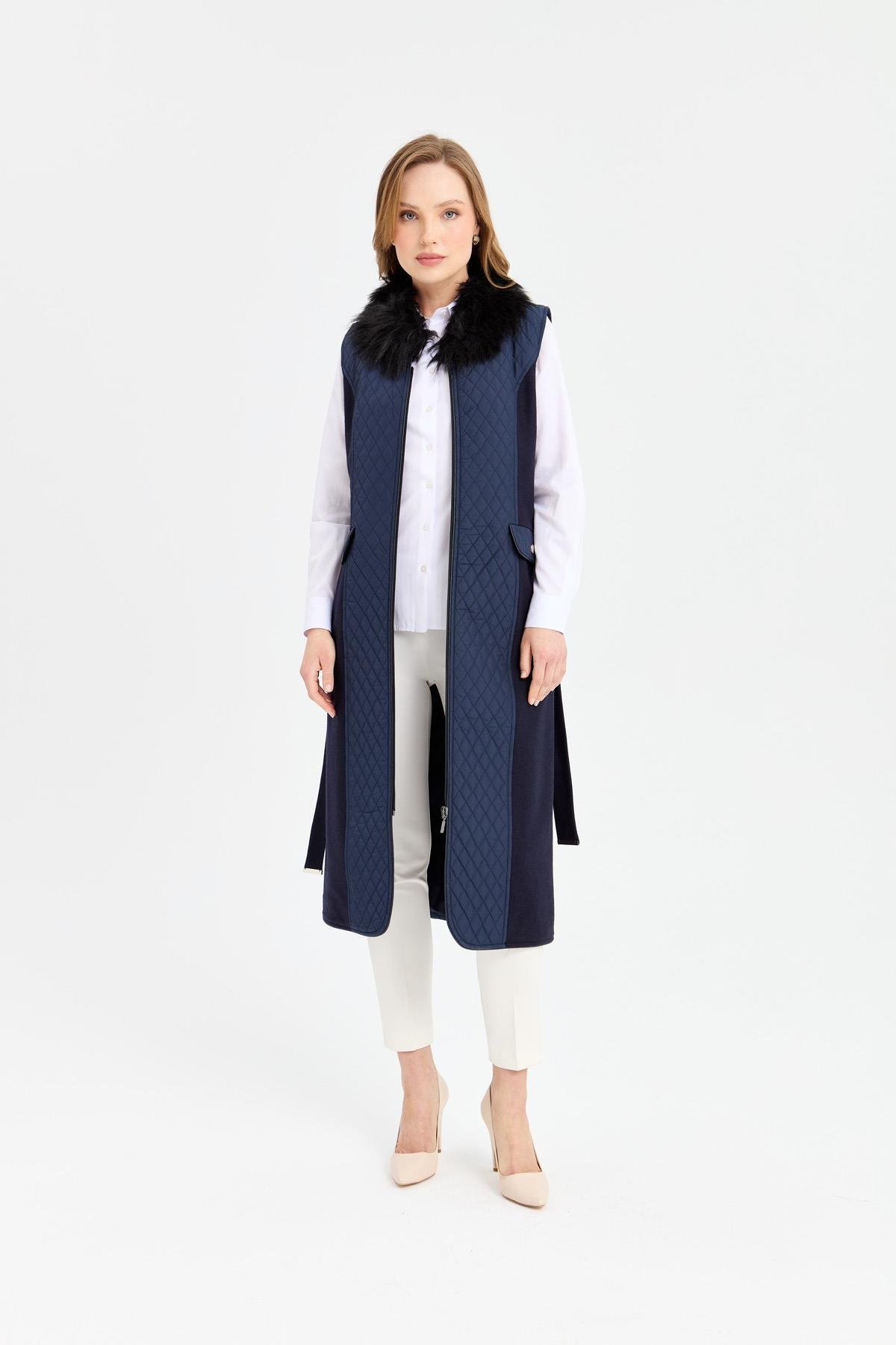 21365Женский длинный жилет темно-синий