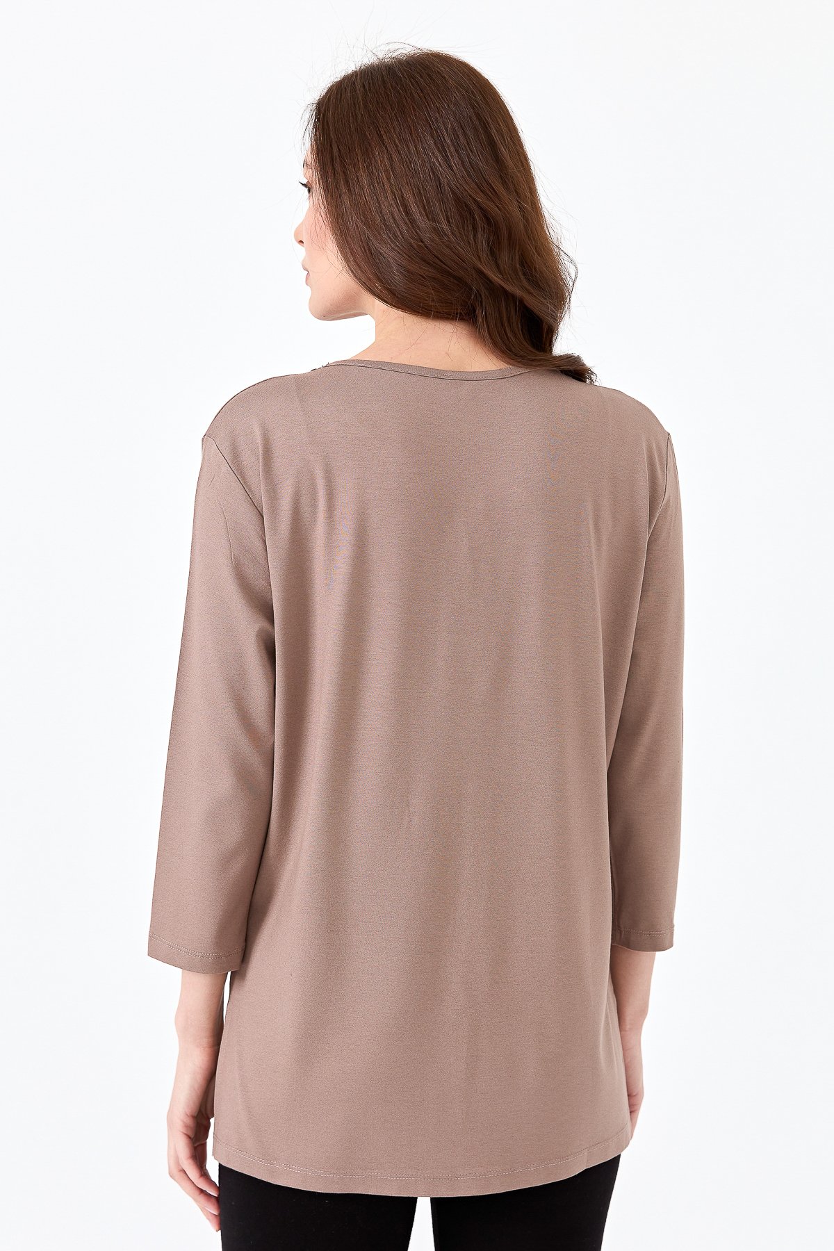 23704Kadın Yakası Patlı Boncuk İşlemeli Truvakar Kol Penye Bluz Vizon