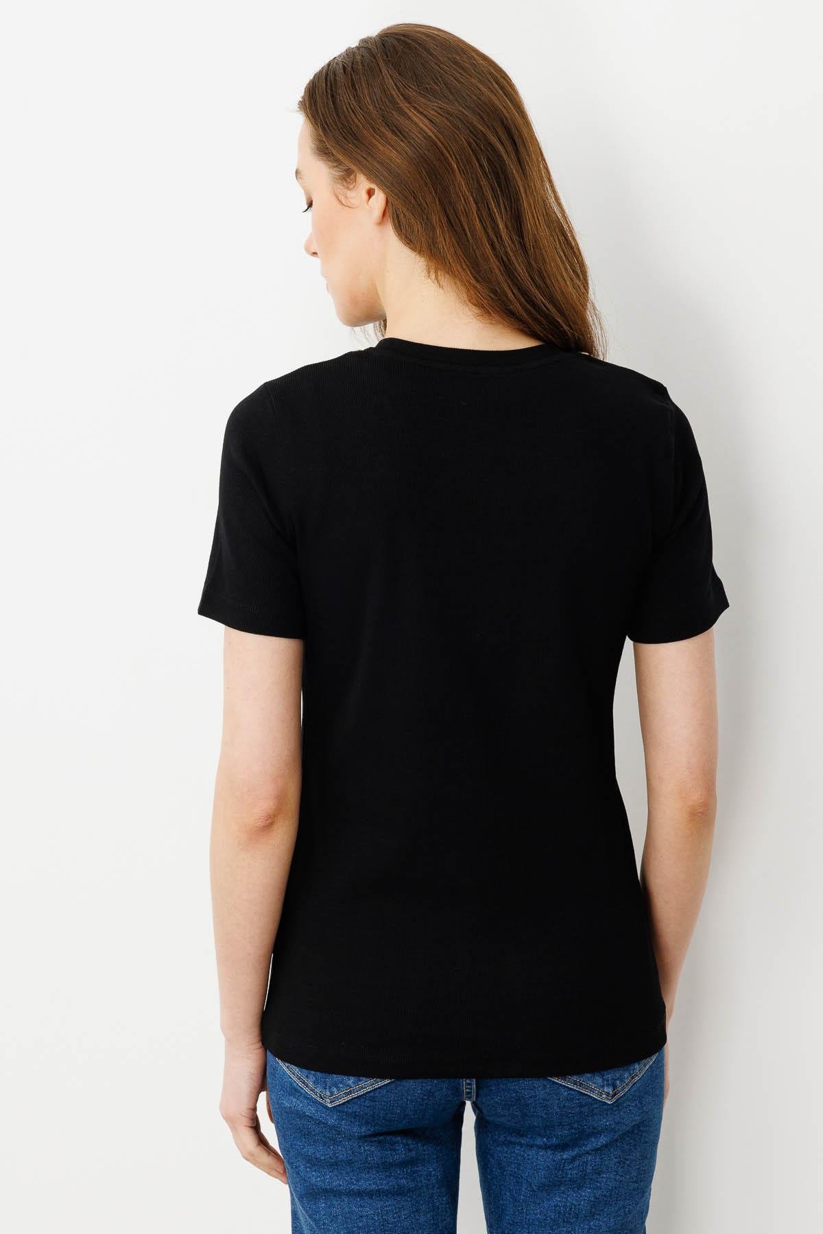 23717Kadın Yakası ve Kolu Sarı Bantlı Penye T-shirt Ekru/Siyah