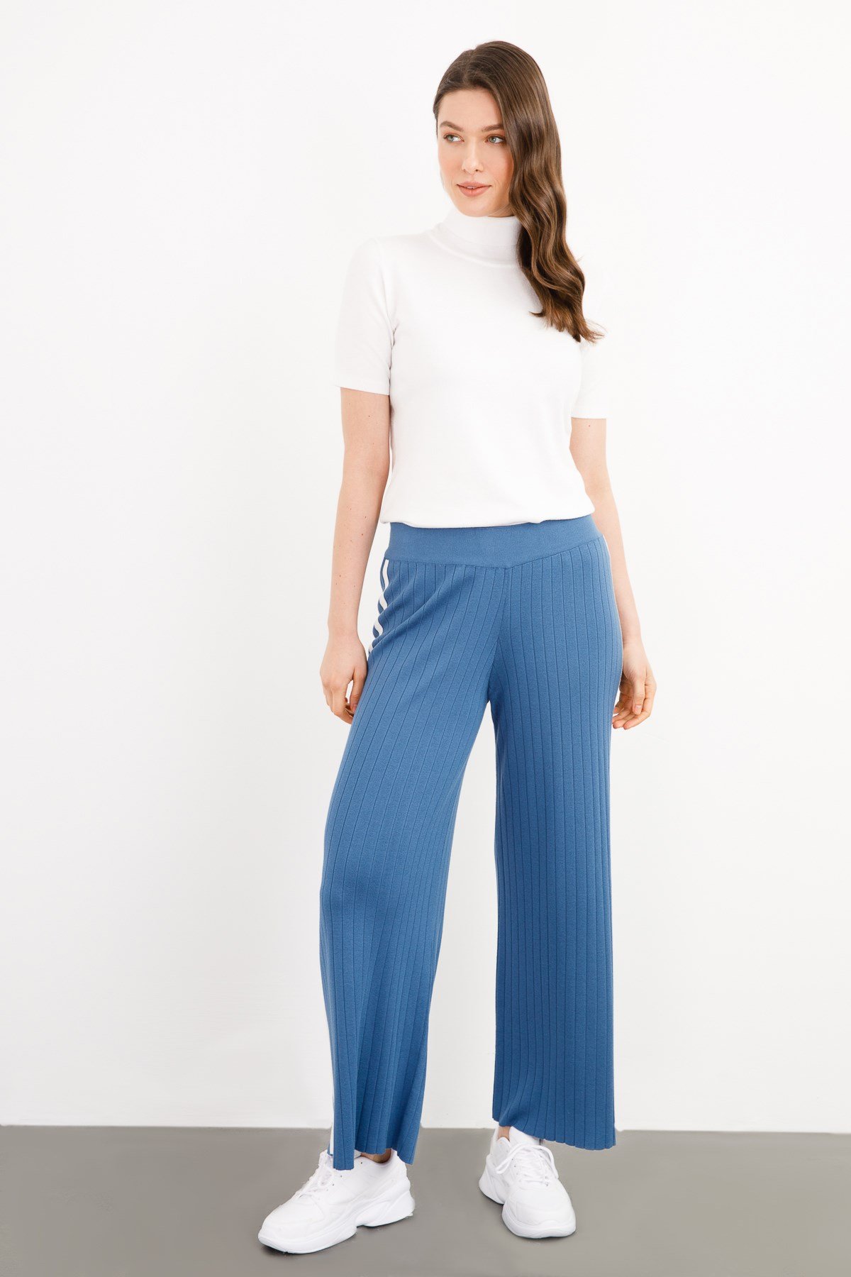 KADIN YANI ŞERİTLİ TRİKO BAYAN PANTOLON İNDİGO