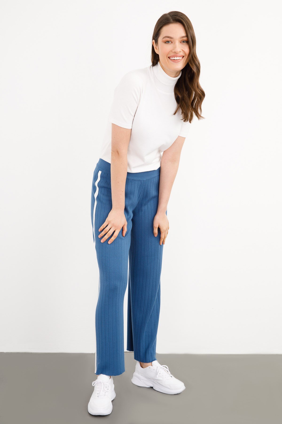 KADIN YANI ŞERİTLİ TRİKO BAYAN PANTOLON İNDİGO