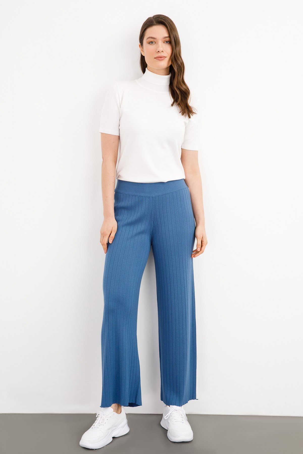 KADIN YANI ŞERİTLİ TRİKO BAYAN PANTOLON İNDİGO