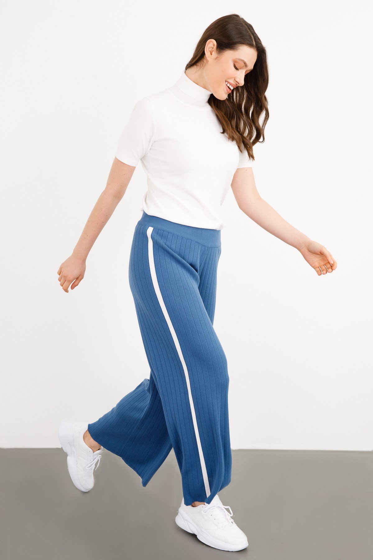 KADIN YANI ŞERİTLİ TRİKO BAYAN PANTOLON İNDİGO
